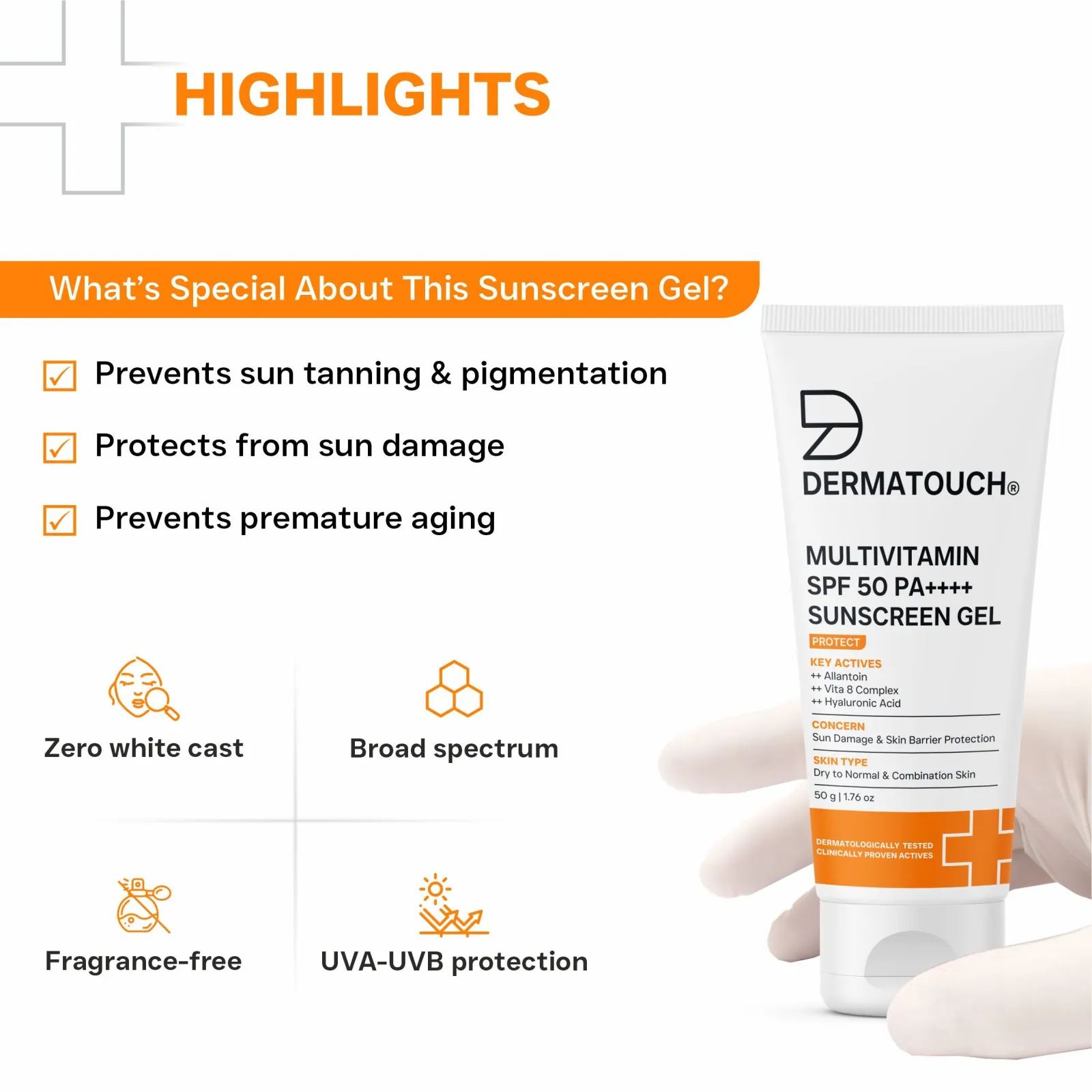 Dermatouch Multivitamin SPF 50 Pa++++ Sunscreen Gel for Sun Damage & Skin Barrier Repair
