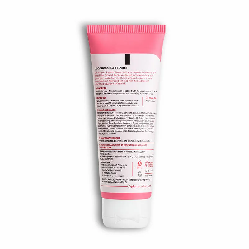 Plum Squalane & Vitamin E Dewy-Bright SPF 50 PA+++ Sunscreen For Normal To Dry Skin Type, New UV Filters