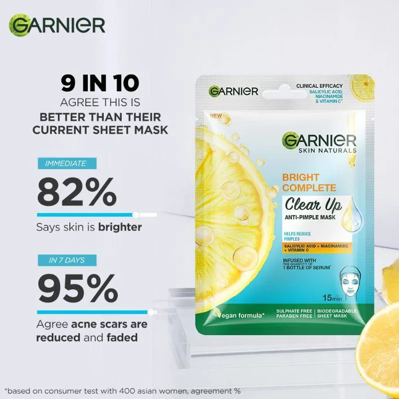 Garnier Bright Complete Anti Pimple Sheet Mask With Salicylic Acid, Niacinamide & Vitamin C Serum