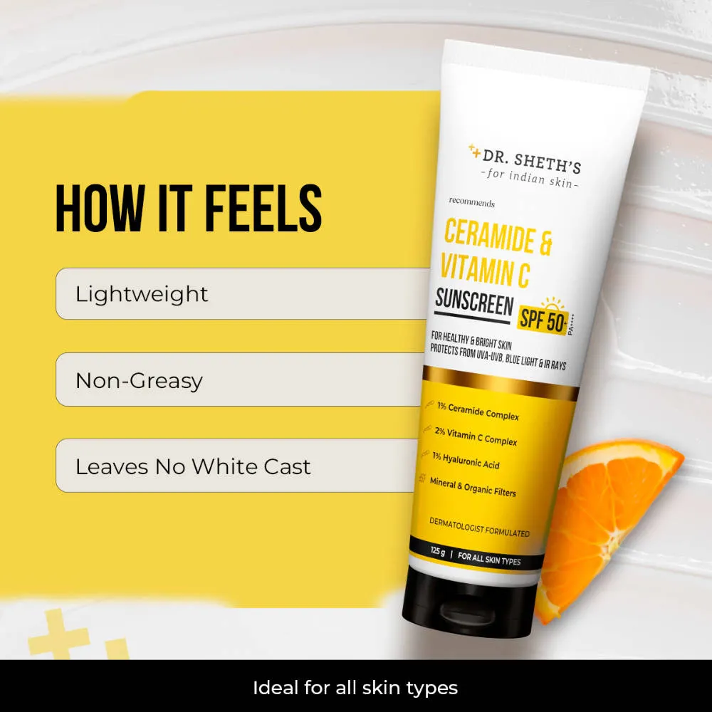 Dr. Sheth's Ceramide & Vitamin C Sunscreen SPF 50+ PA++++ In-Vivo Tested for Bright Skin