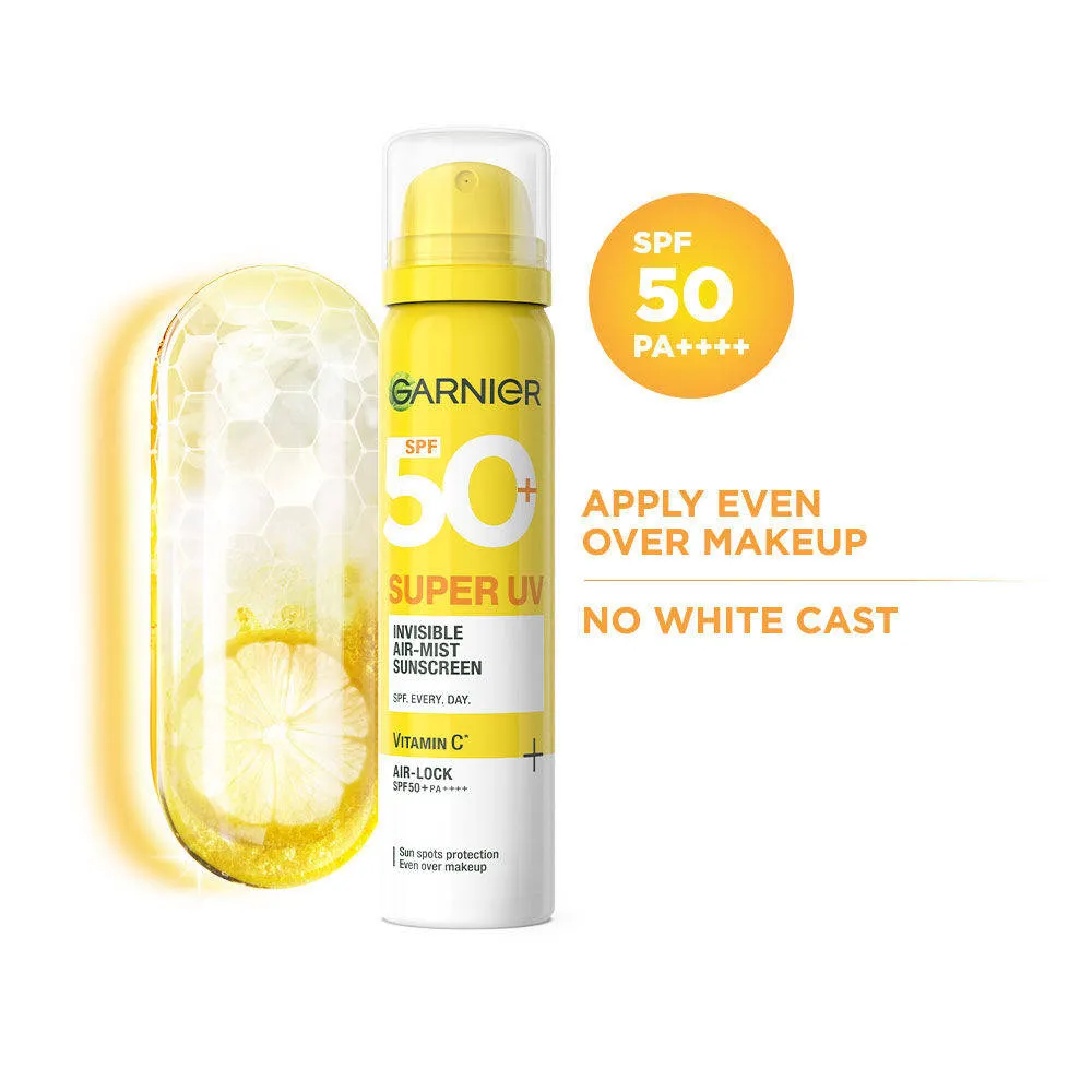 Garnier Super UV Invisible Air Mist Spray Sunscreen SPF50 PA++++ For UVA/B, Over Makeup Spray, No White Cast