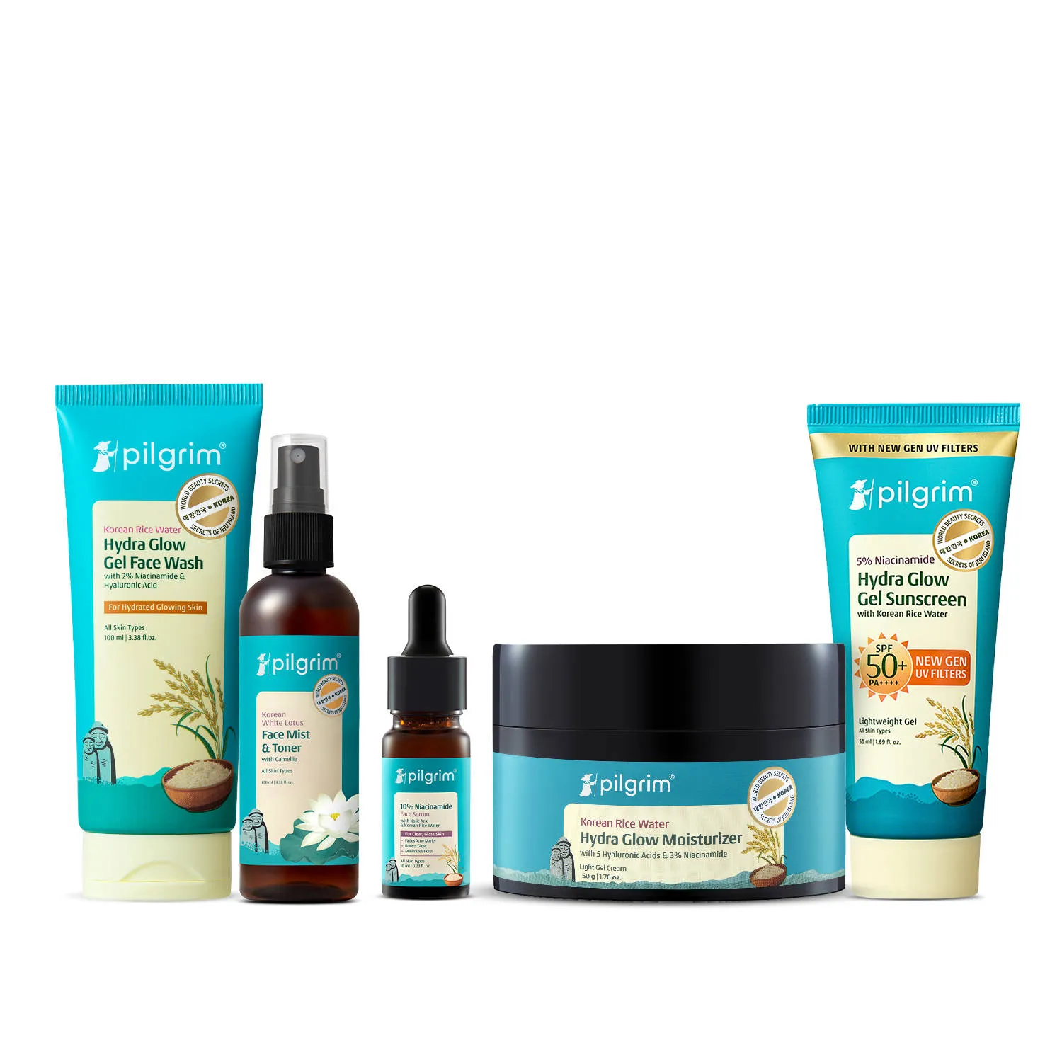Pilgrim Complete Korean Hydration Kit- Facewash, Toner, Serum, Moisturizer & Sunscreen