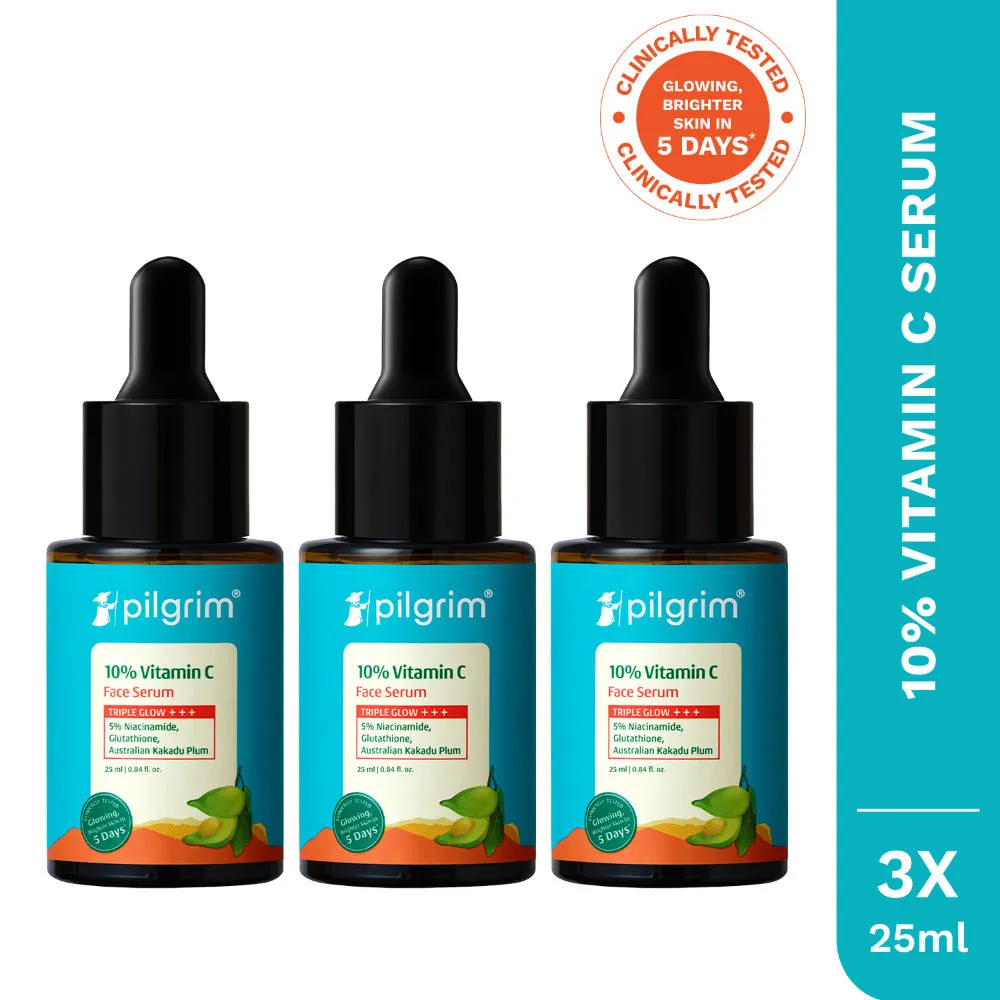 Pilgrim 10% Vitamin C Face Serum Triple Glow+++ with 5%Niacinamide Brightens All Skin Type Pack of 3