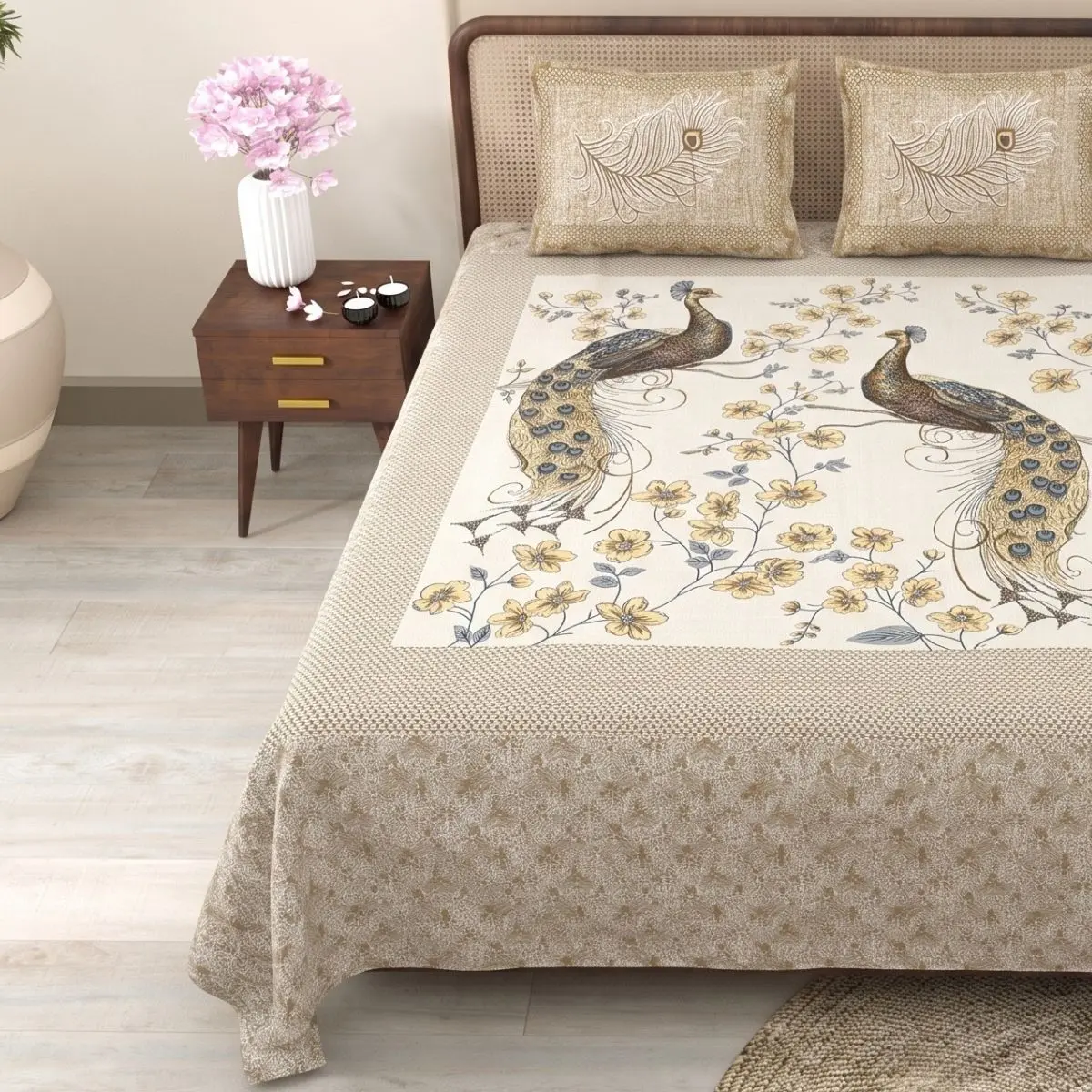 Pure Cotton Jaipuri King Bedsheet (Peacock Printed)