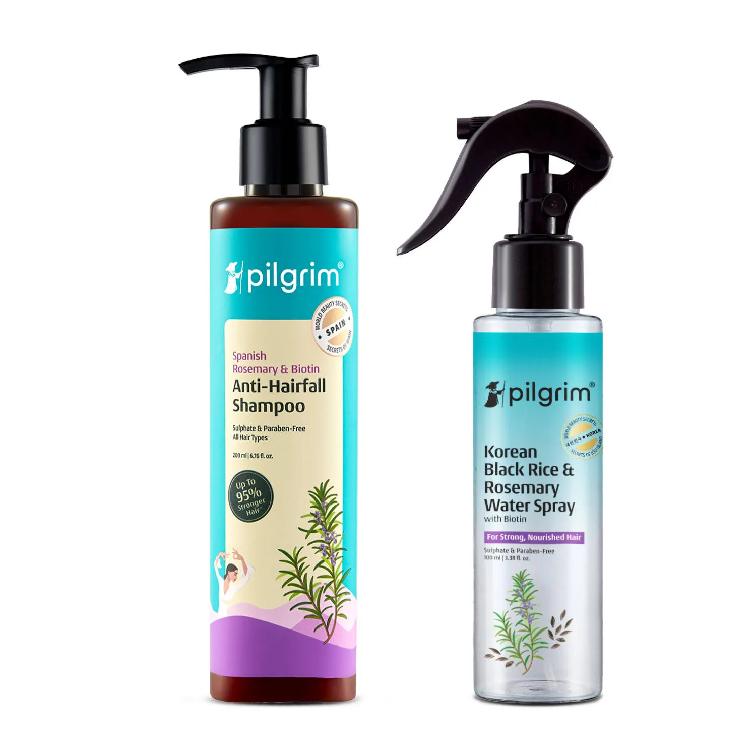 Pilgrim Spanish Rosemary & Biotin Anti-Hairfall Shampoo & Korean Black Rice Water Spray Duo