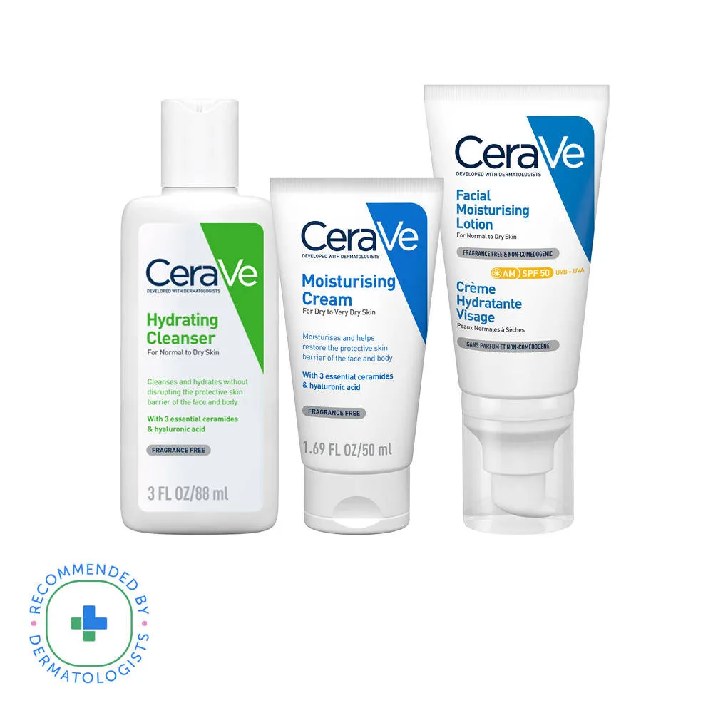 CeraVe Morning Skincare Combo of Facewash, Moisturizer, SPF 50- Routine for Normal To Dry Skin