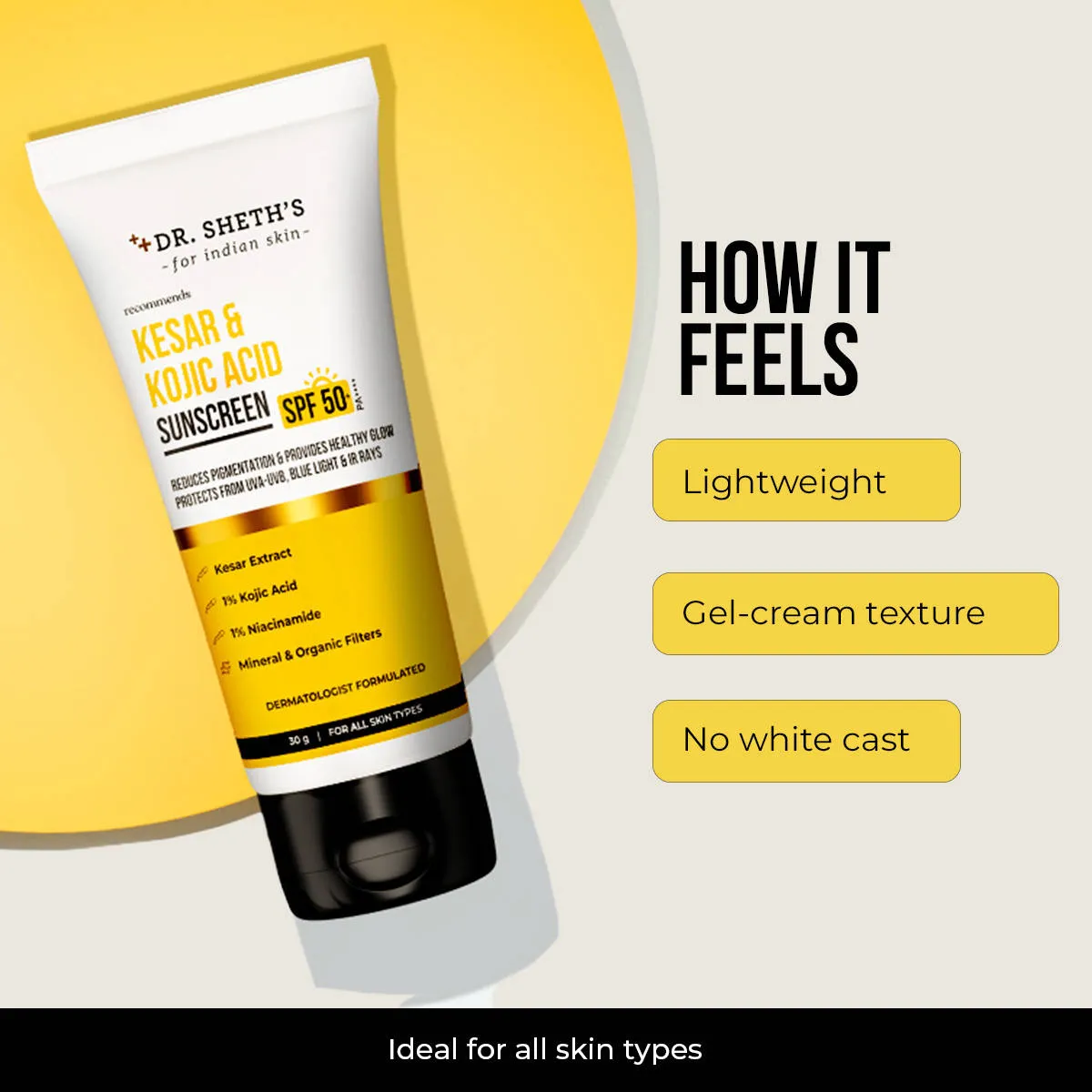 Dr. Sheth's Kesar & Kojic Sunscreen SPF 50+ PA++++ In-Vivo Tested for Pigmentation-Free Skin(50g)