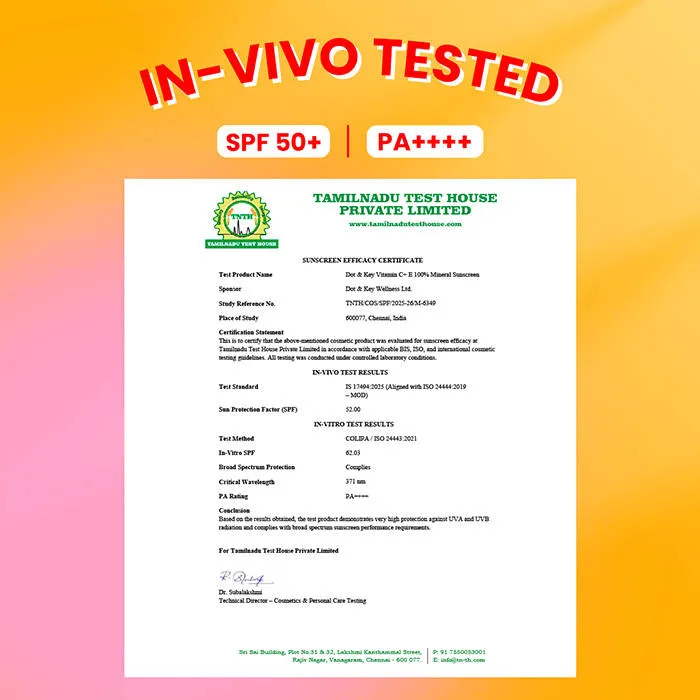 Dot & Key Vitamin C + E 100% Mineral Sunscreen In-Vivo Tested SPF 50+ PA++++, No White Cast