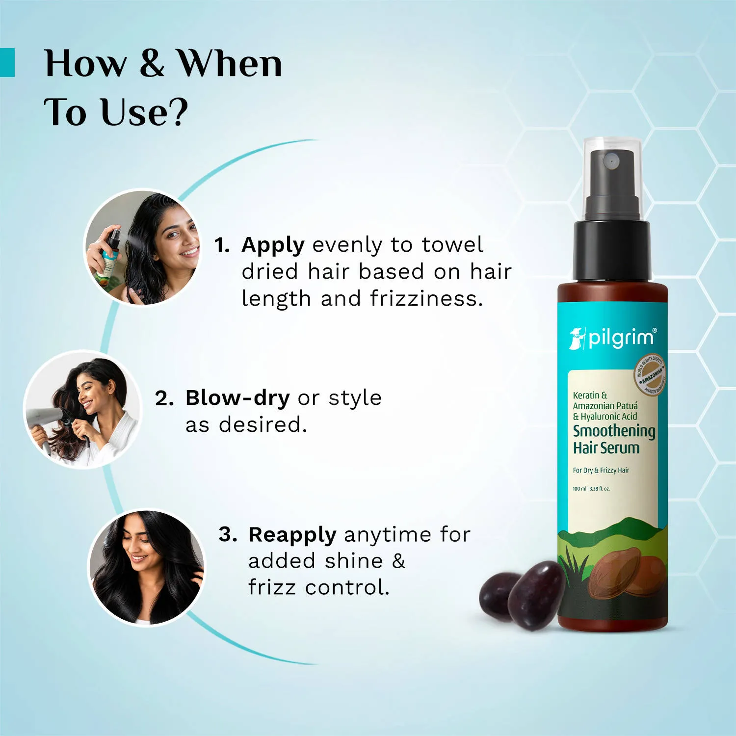 Pilgrim Patua & Hyaluronic Acid Smoothing Hair Serum for Dry & Frizzy Hair