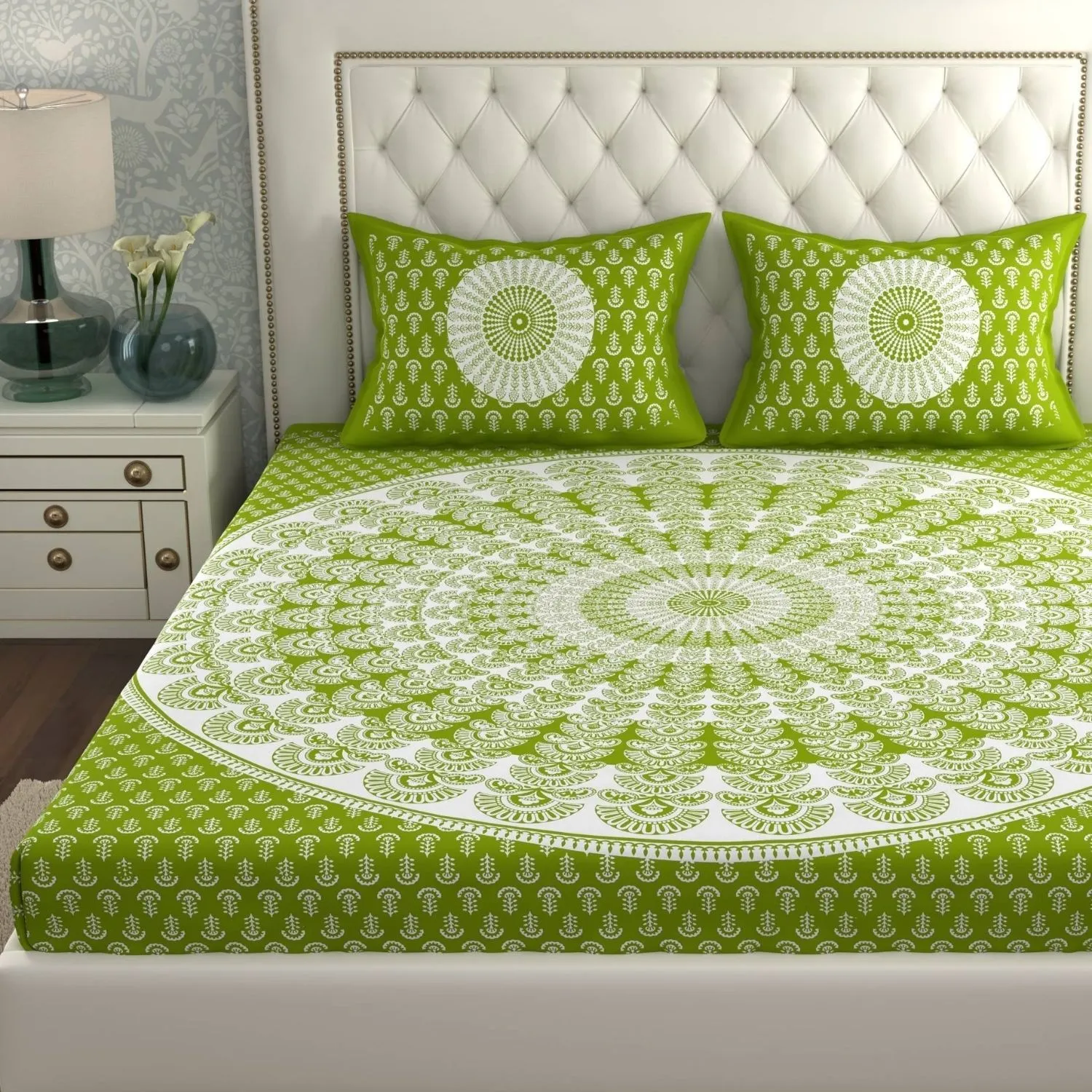 Pure Cotton Jaipuri Bedsheet (Mehendi, Mandola Printed)