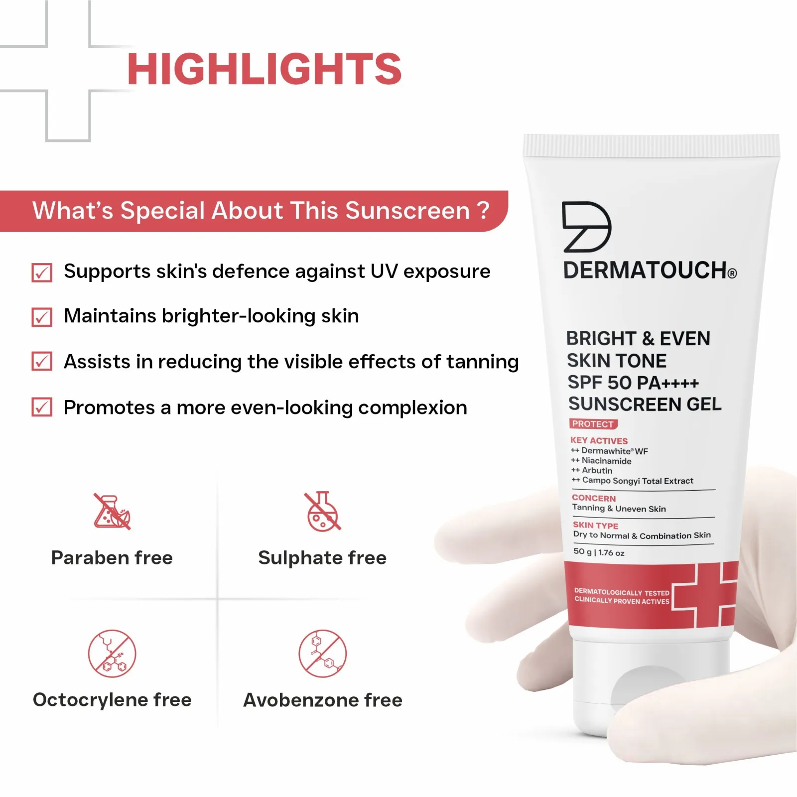 Dermatouch Bright & Even Skin Tone Sunscreen SPF 50 PA++++ for Tanning & Uneven Skin 50g