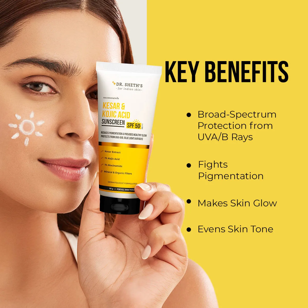 Dr. Sheth's Kesar & Kojic Sunscreen SPF 50+ PA++++ In-Vivo Tested for Pigmentation-Free Skin(50g)