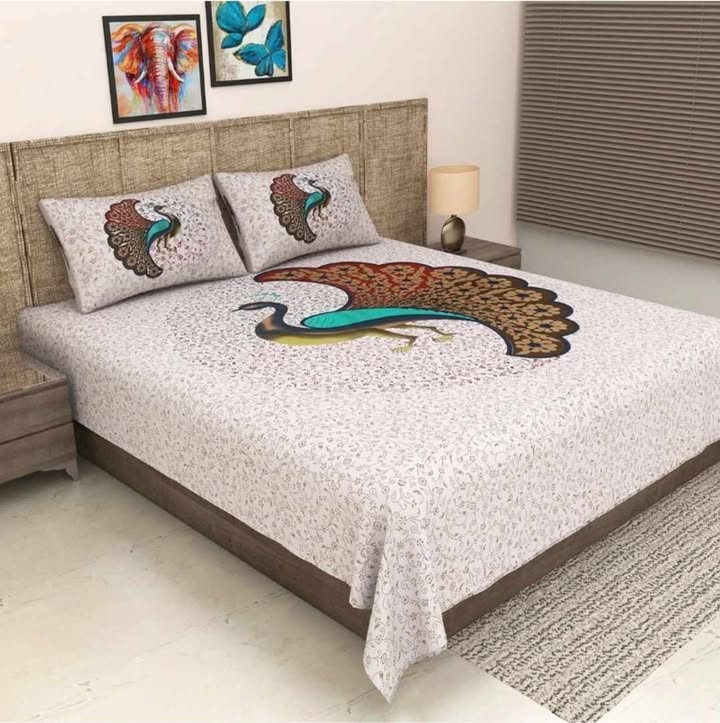 Double Bed Size Pure Cotton Jaipuri Bedsheet (Peacock Print)