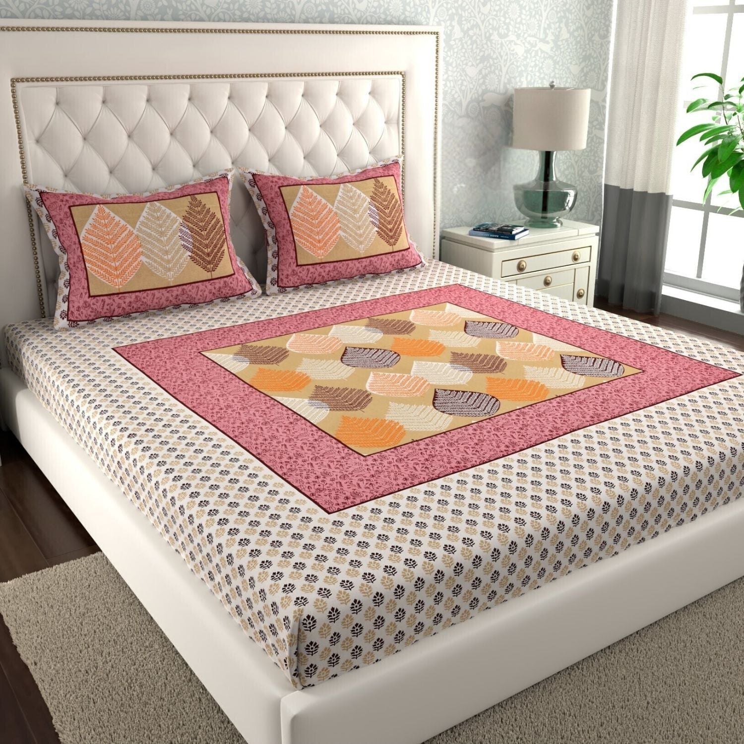 Double Bed Size Pure Cotton Jaipuri Bedsheet (Leaf, Multicolor)