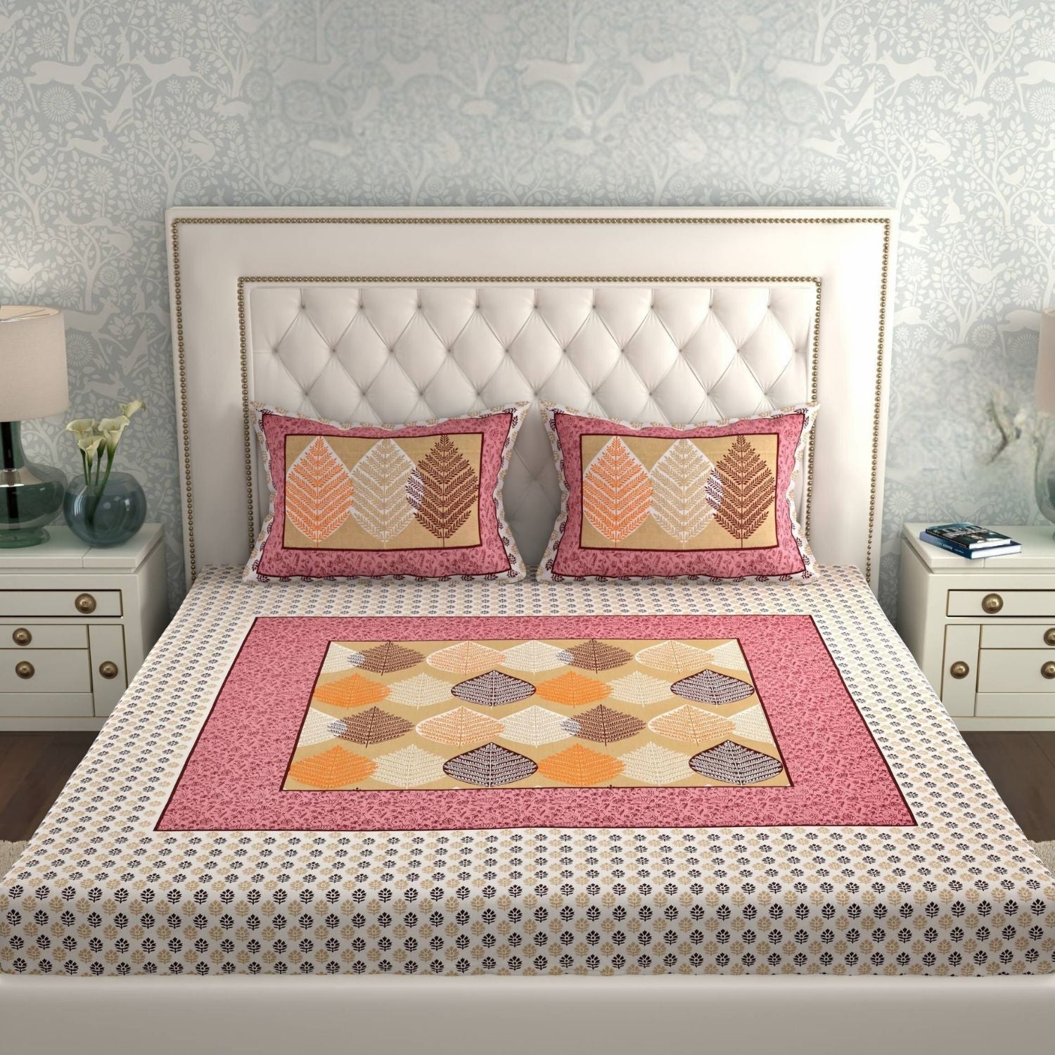 Double Bed Size Pure Cotton Jaipuri Bedsheet (Leaf, Multicolor)