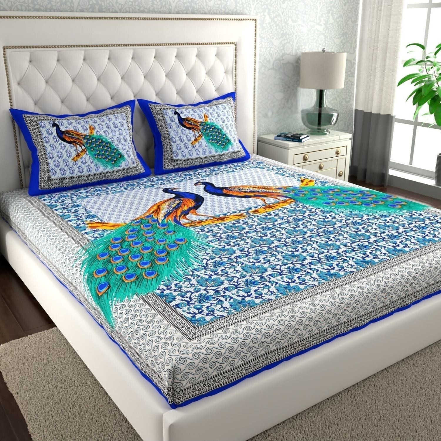Double Bed Size Pure Cotton Jaipuri Bedsheet (Green, Myur)