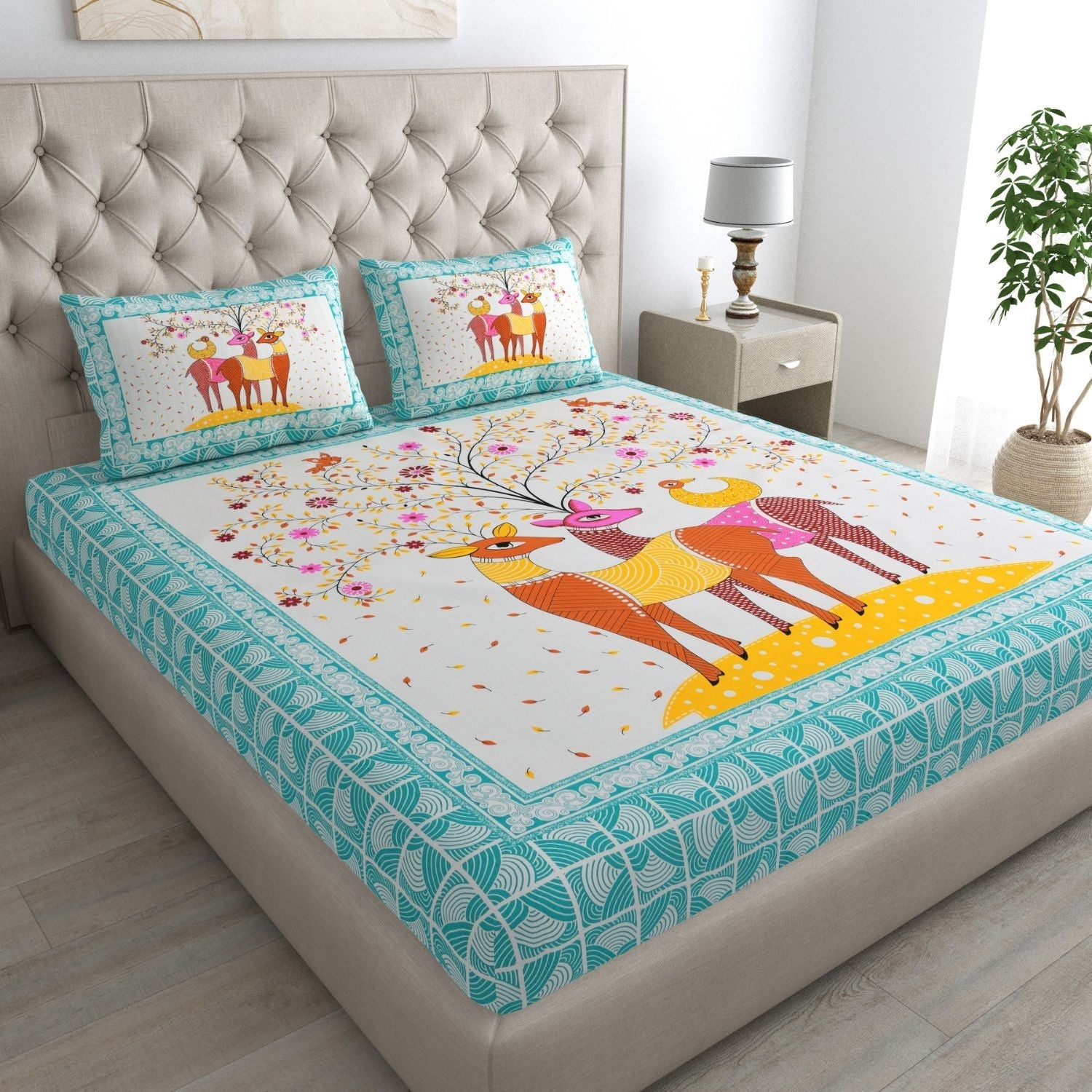 Double Bed Size Pure Cotton Jaipuri Bedsheet (Deer, Green)