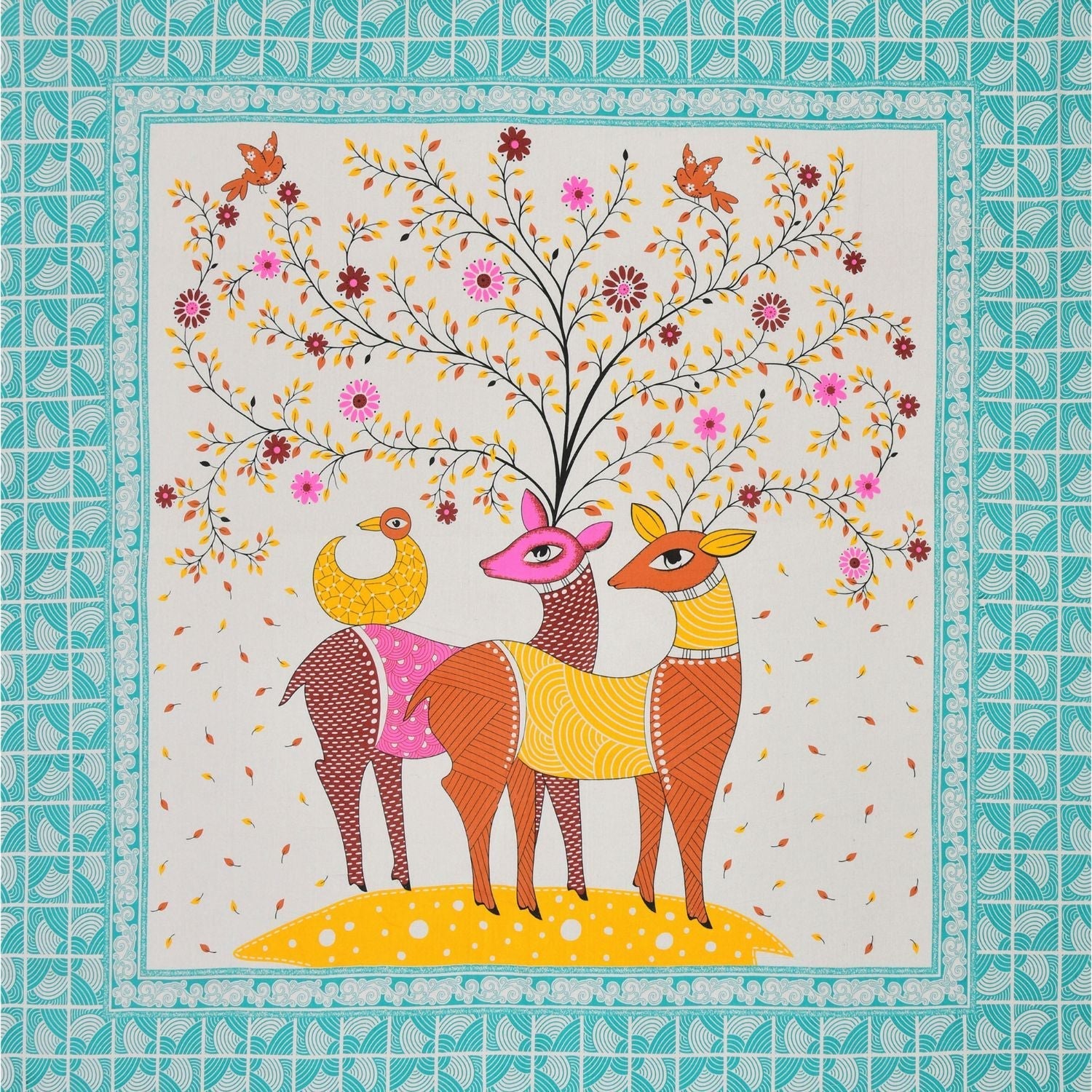 Double Bed Size Pure Cotton Jaipuri Bedsheet (Deer, Green)