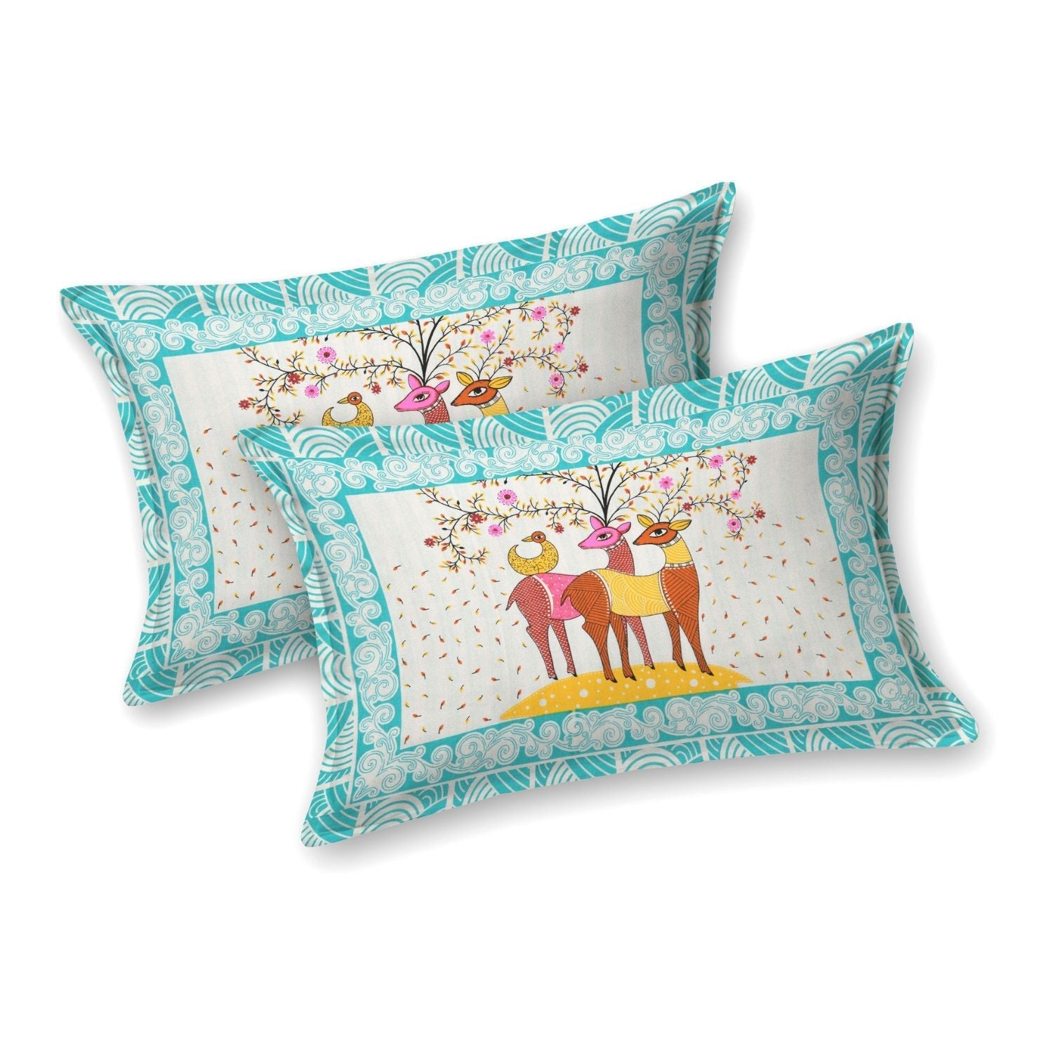 Double Bed Size Pure Cotton Jaipuri Bedsheet (Deer, Green)