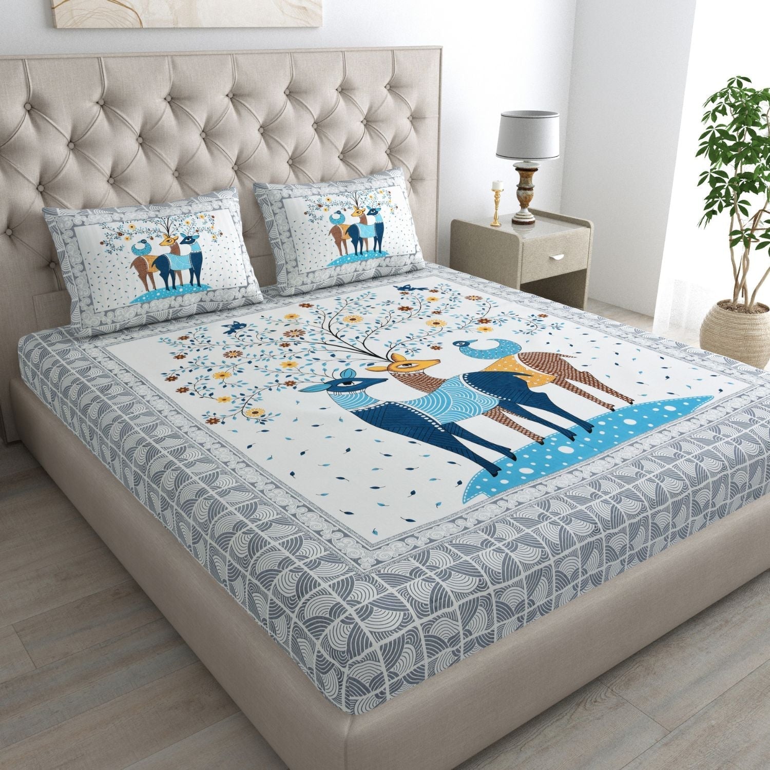 Double Bed Size Pure Cotton Jaipuri Bedsheet (Deer, Gray)