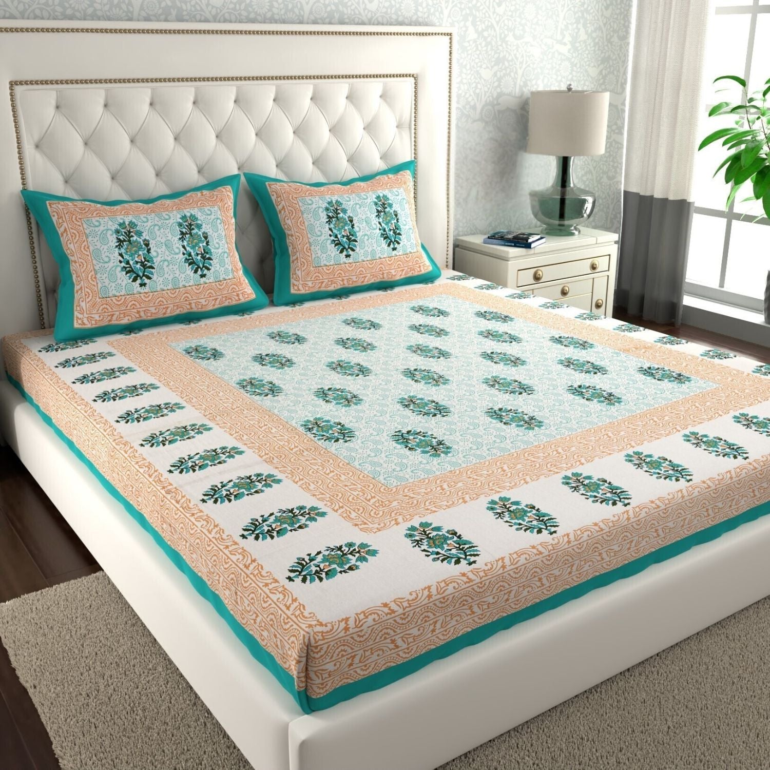 Double Bed Size Pure Cotton Jaipuri Bedsheet (Yellow, Green)