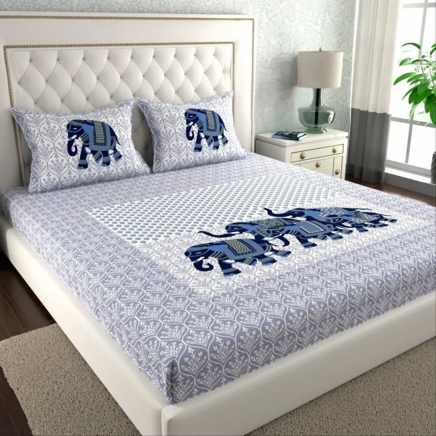 Double Bed Size Pure Cotton Jaipuri Bedsheet (Elephant Print)