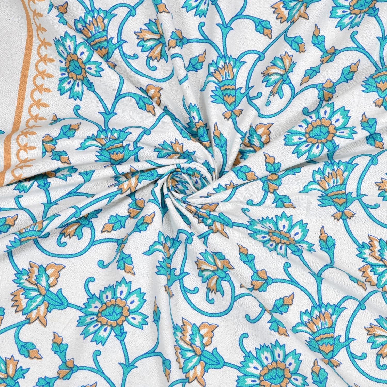Double Bed Size Pure Cotton Jaipuri Bedsheet (White, Blue)