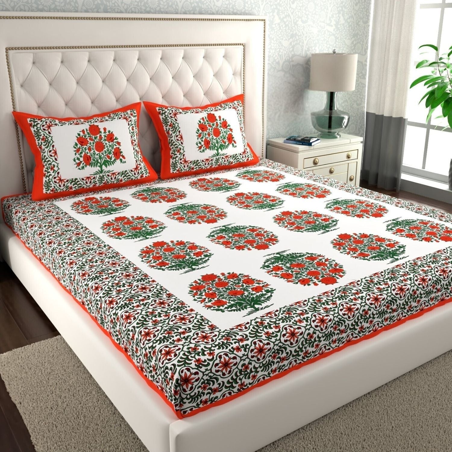 Double Bed Size Pure Cotton Jaipuri Bedsheet (Red, Green)