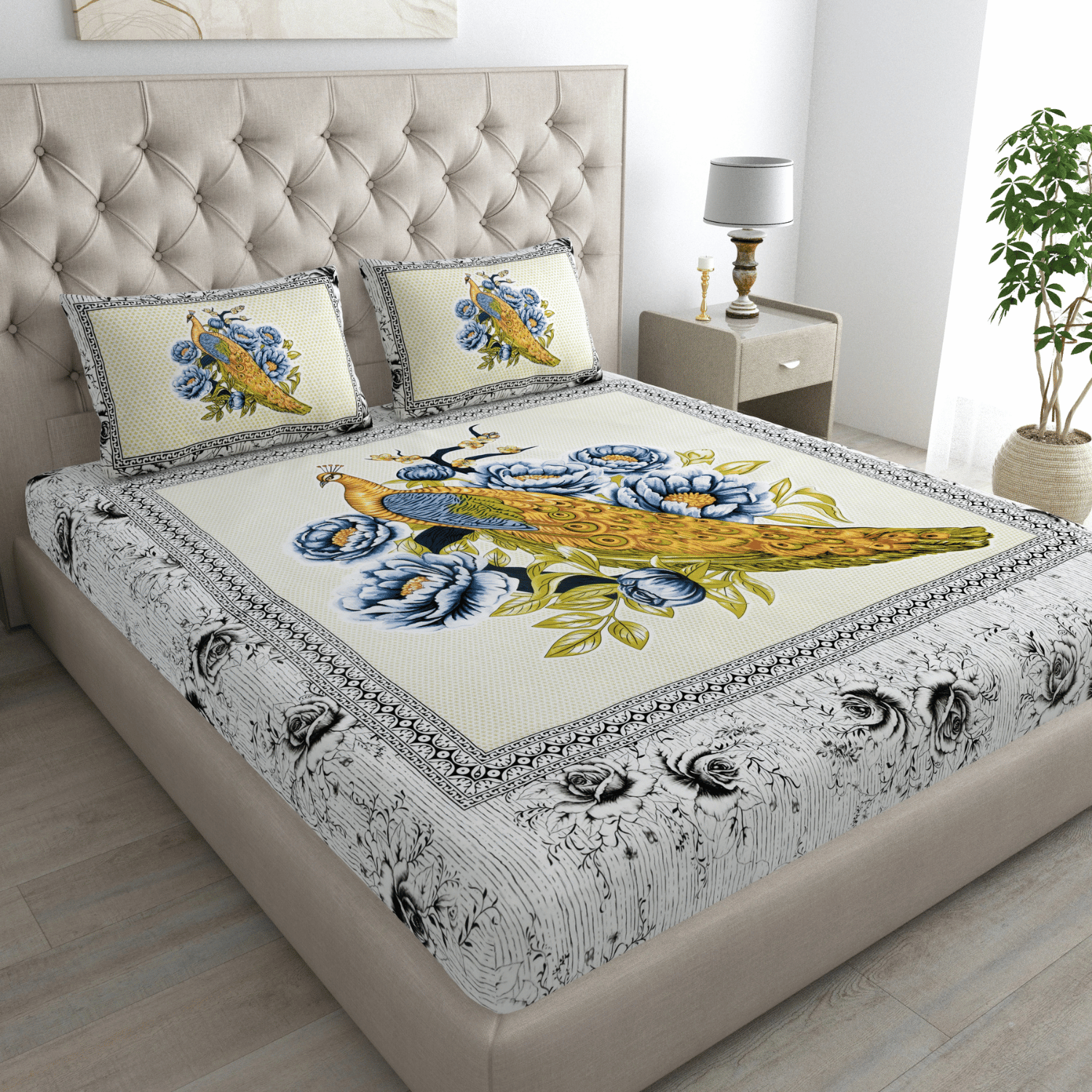 Double Bed Size Pure Cotton Jaipuri Bedsheet (Blue, Yellow)