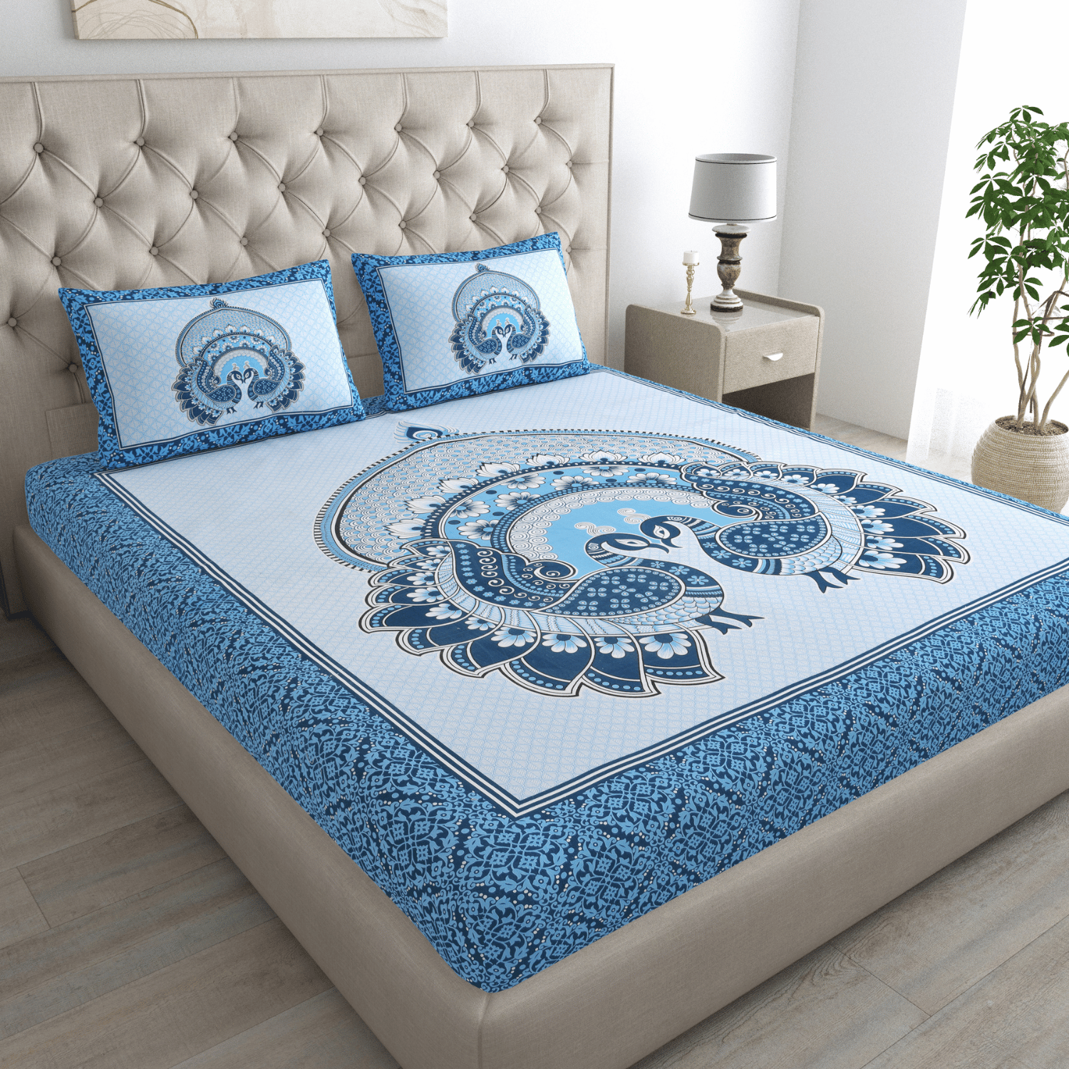 Pure Cotton Jaipuri Bedsheet (Peacock, Blue)