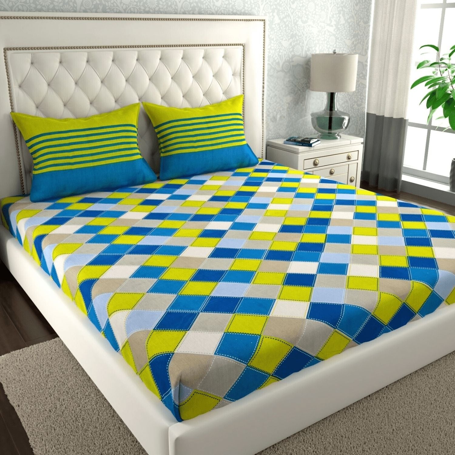 Double Bed Size Pure Cotton Jaipuri Bedsheet (Green, Check)