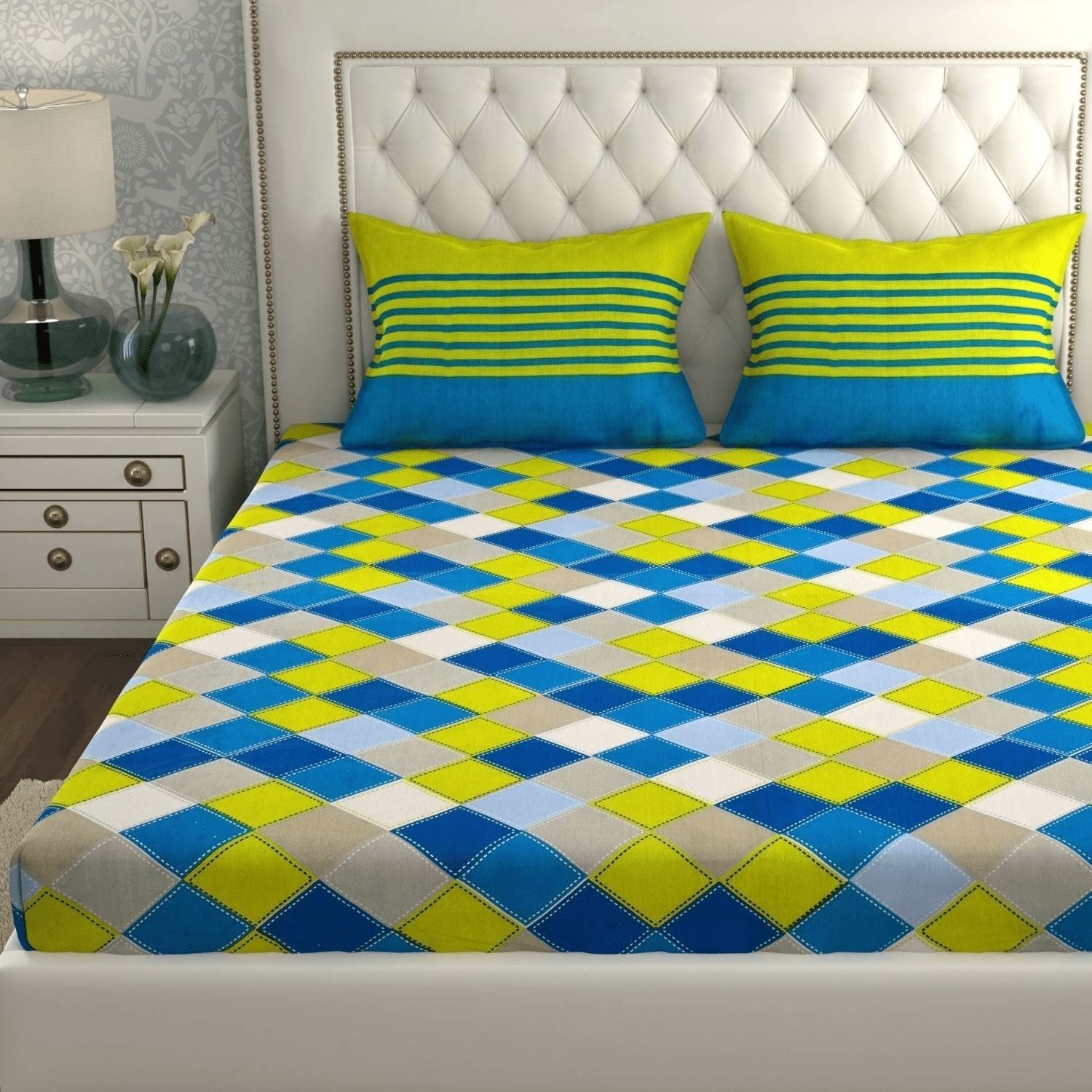 Double Bed Size Pure Cotton Jaipuri Bedsheet (Green, Check)