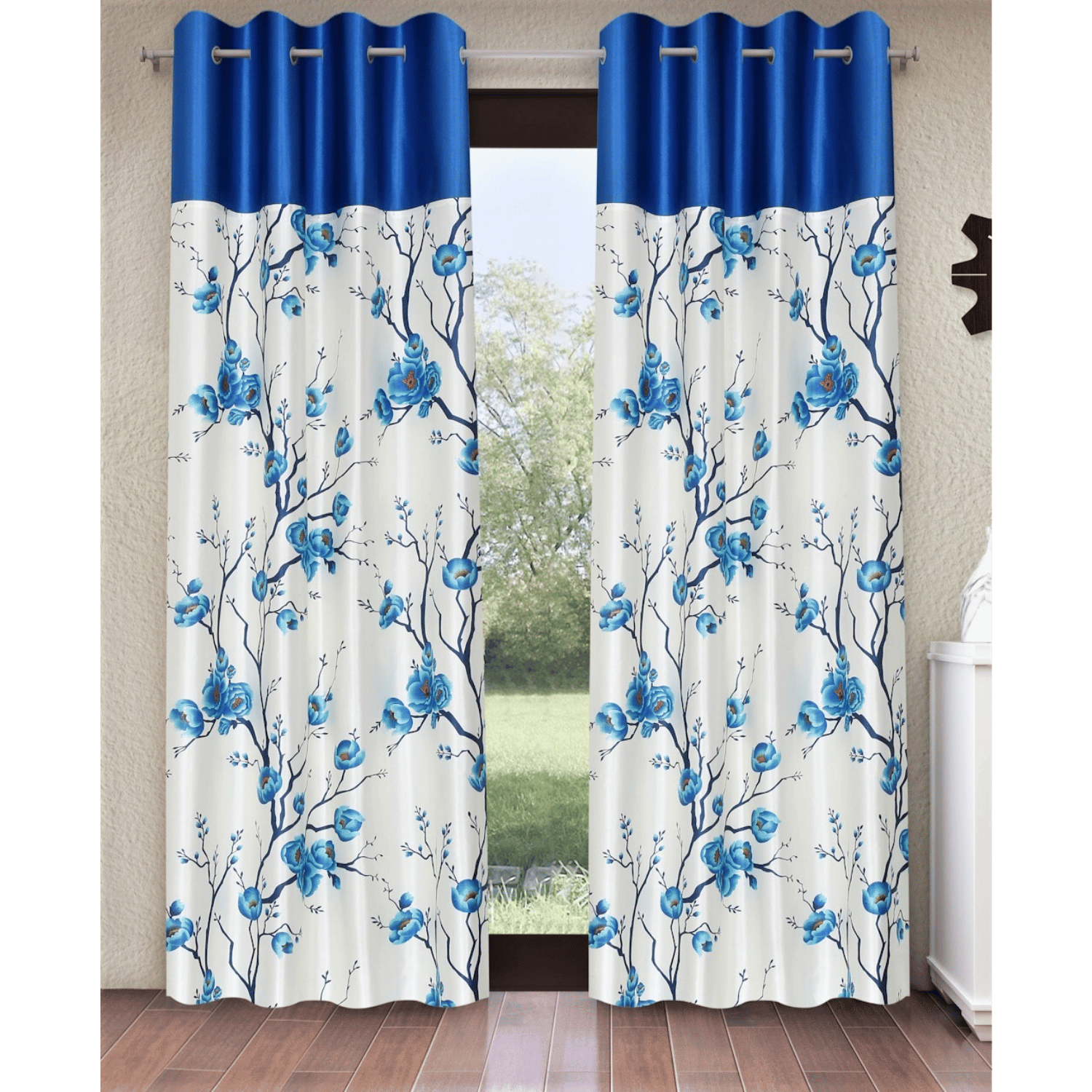 Polyester Semi Transparent Door Curtain (Pack of 2, Blue, Floral)