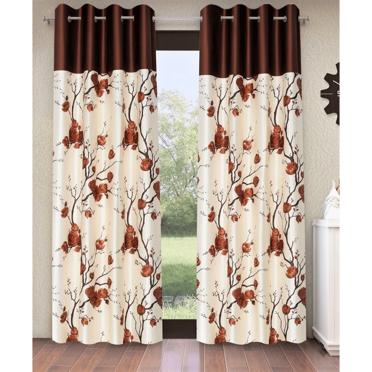 Polyester Semi Transparent Door Curtain (Pack of 2, Brown, Floral)