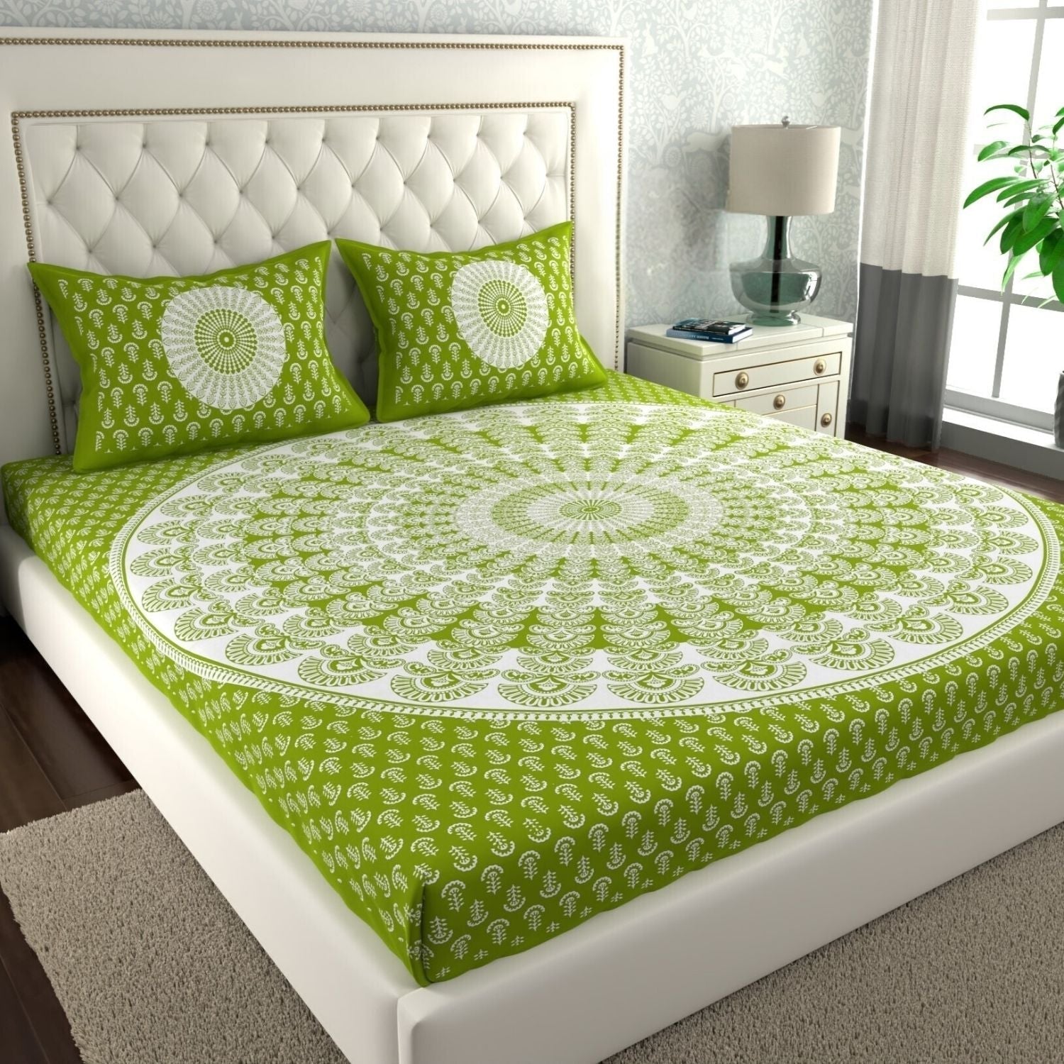 Double Bed Size Pure Cotton Jaipuri Bedsheet (Mehendi Color)