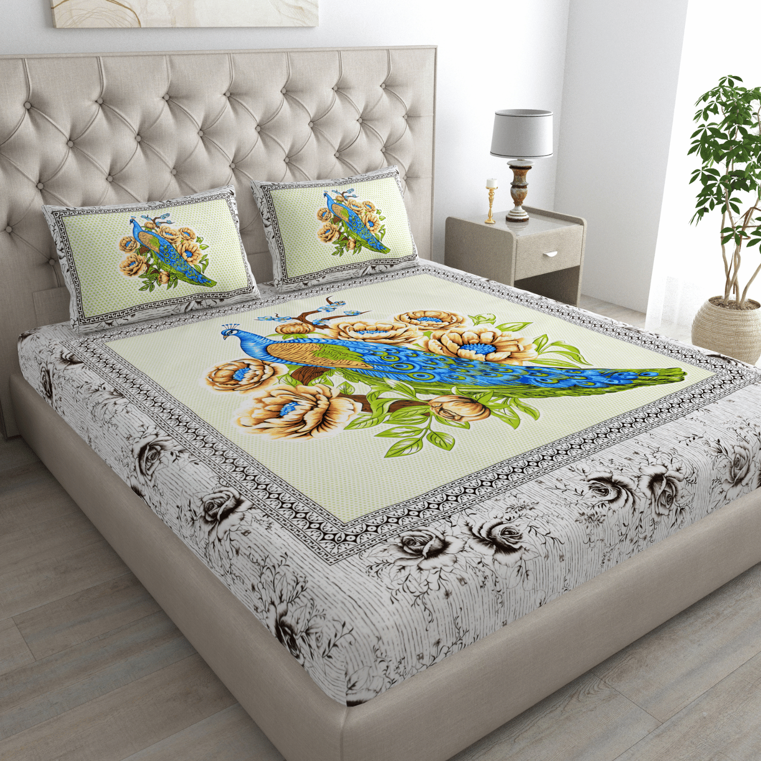 Pure Cotton Jaipuri Bedsheet (Mayur Printed, Green)
