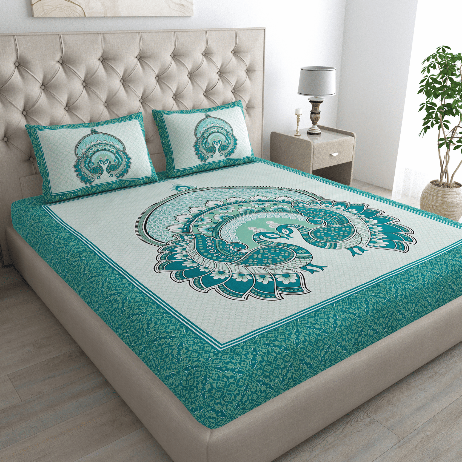 Pure Cotton Jaipuri Bedsheet (Peacock, Green)