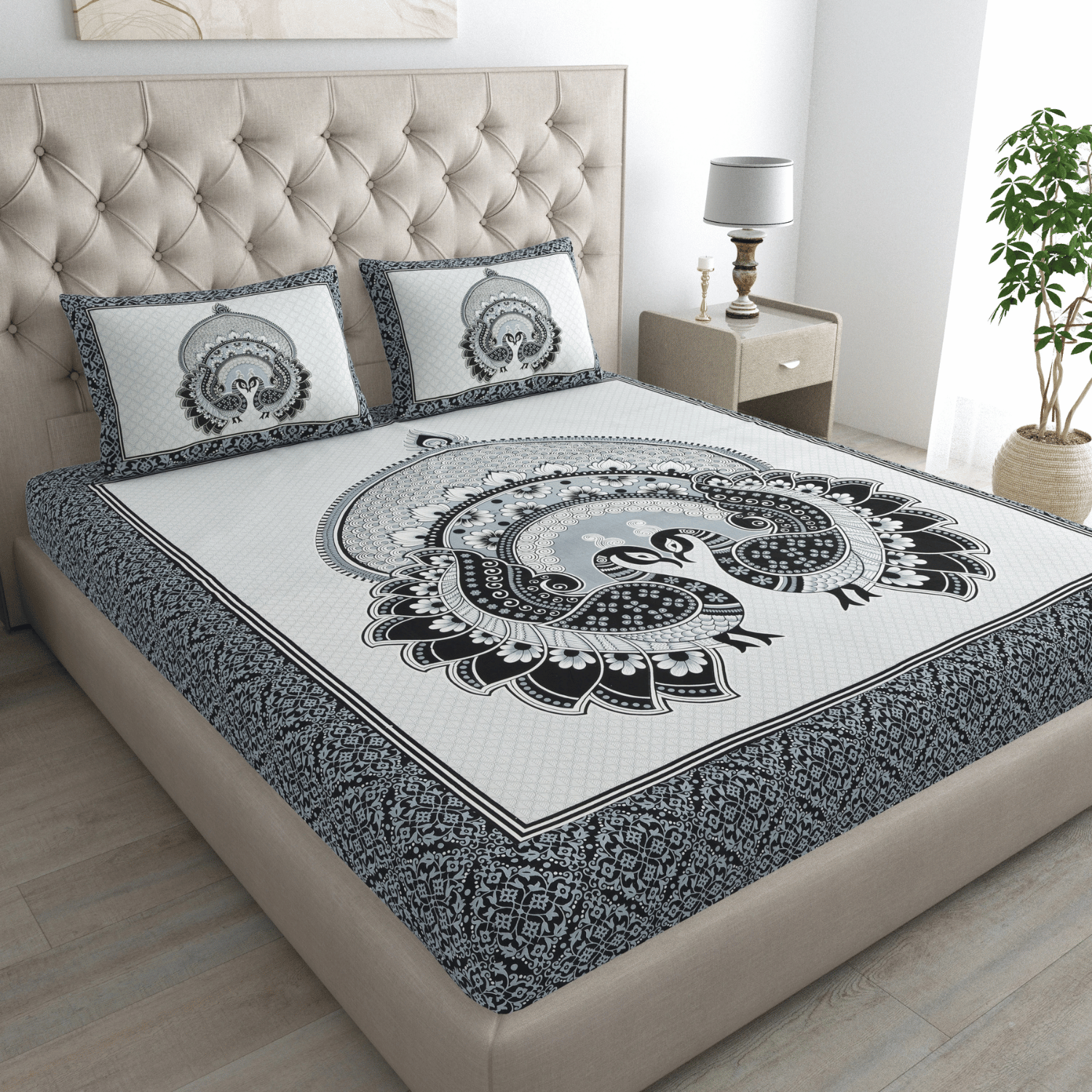 Double Bed Size Pure Cotton Jaipuri Bedsheet (Gray)