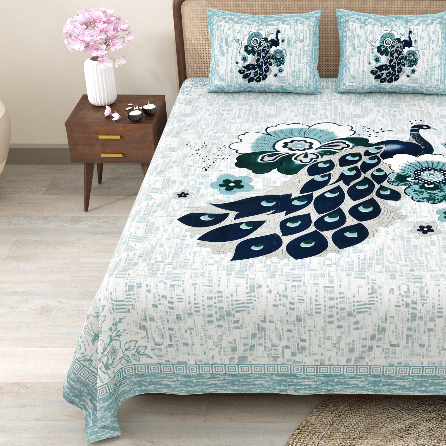 Pure Cotton King Size Peacock Jaipuri Prints Flat Bedsheet (Blue, Navy)