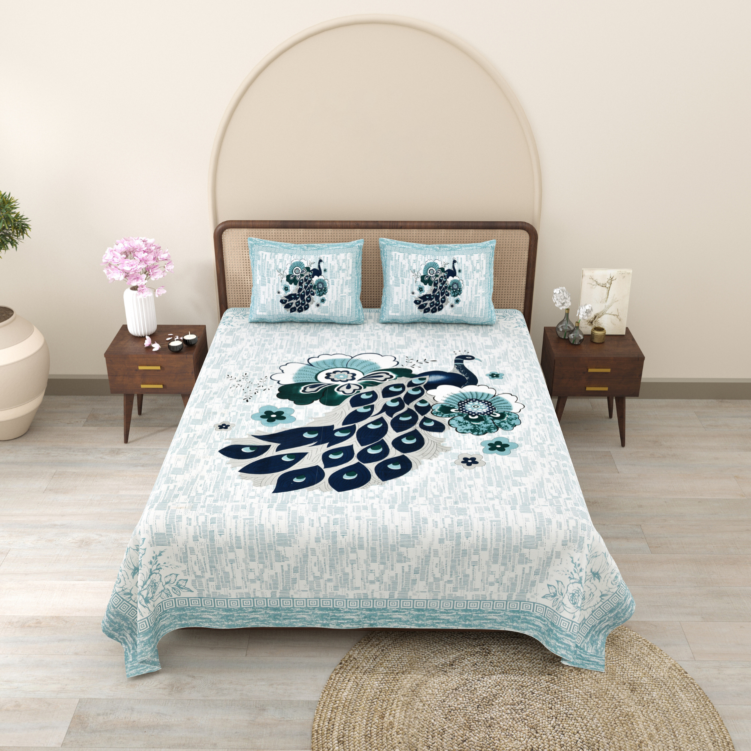 Pure Cotton King Size Peacock Jaipuri Prints Flat Bedsheet (Blue, Navy)