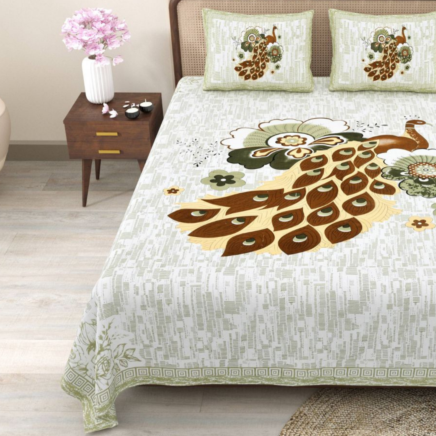 Pure Cotton King Size Peacock Jaipuri Prints Flat Bedsheet (Brown, Green)