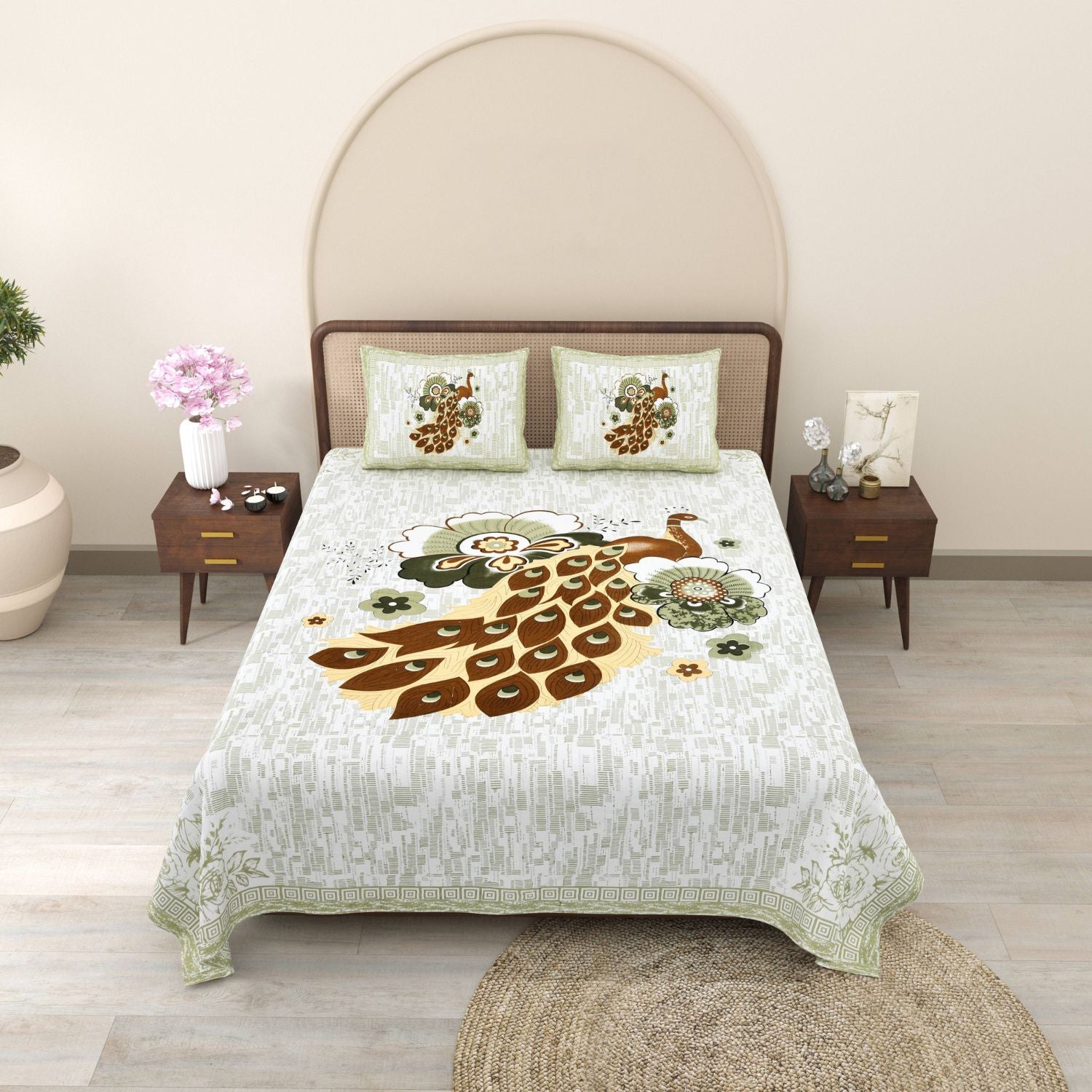Pure Cotton King Size Peacock Jaipuri Prints Flat Bedsheet (Brown, Green)