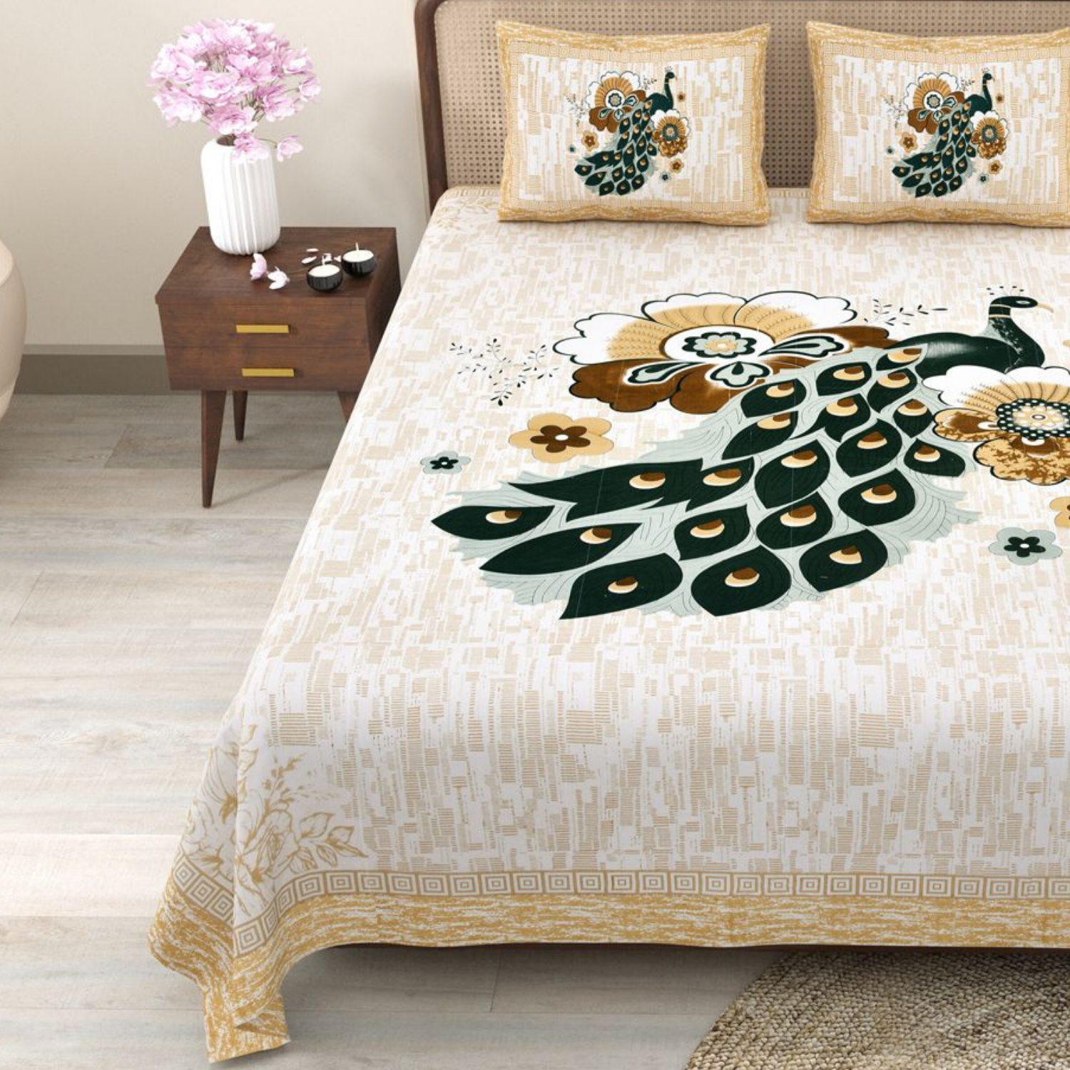 Pure Cotton King Size Peacock Jaipuri Prints Flat Bedsheet (Yellow, Green)