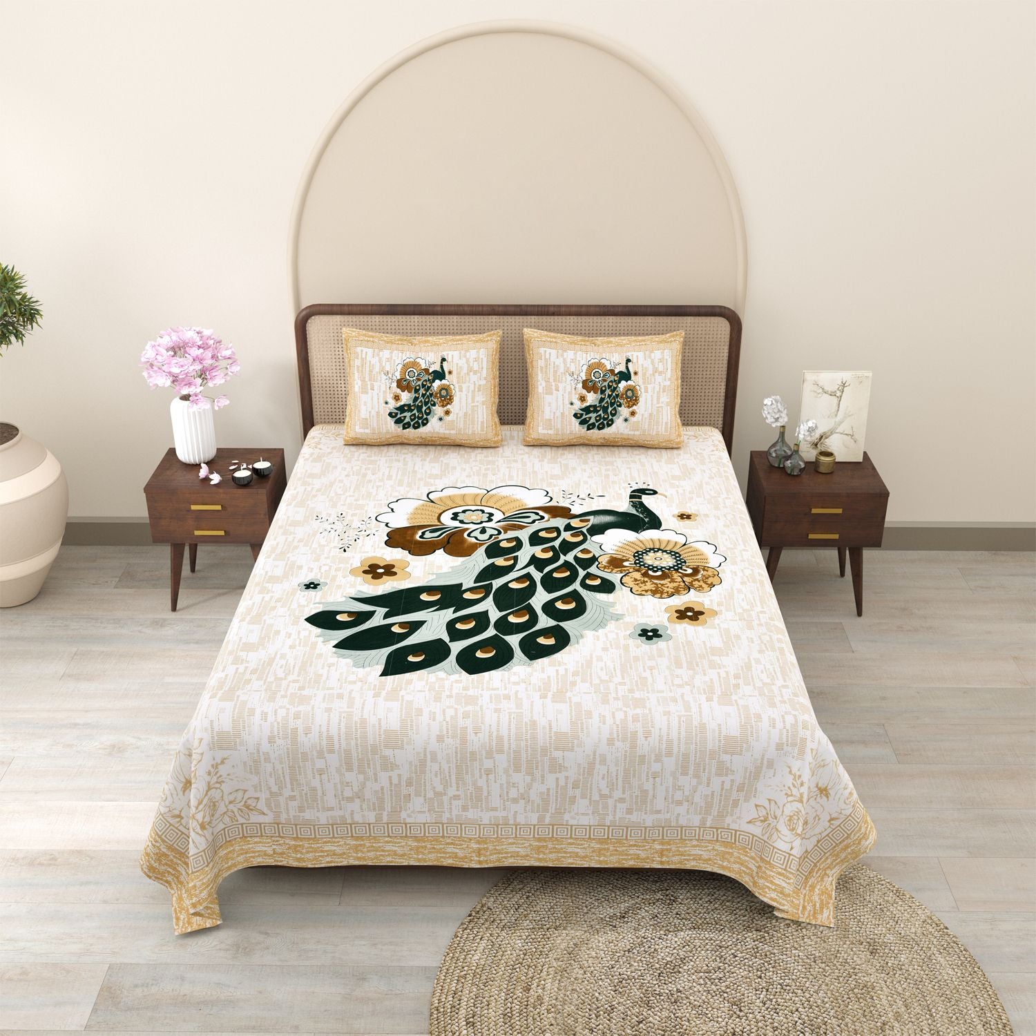 Pure Cotton King Size Peacock Jaipuri Prints Flat Bedsheet (Yellow, Green)