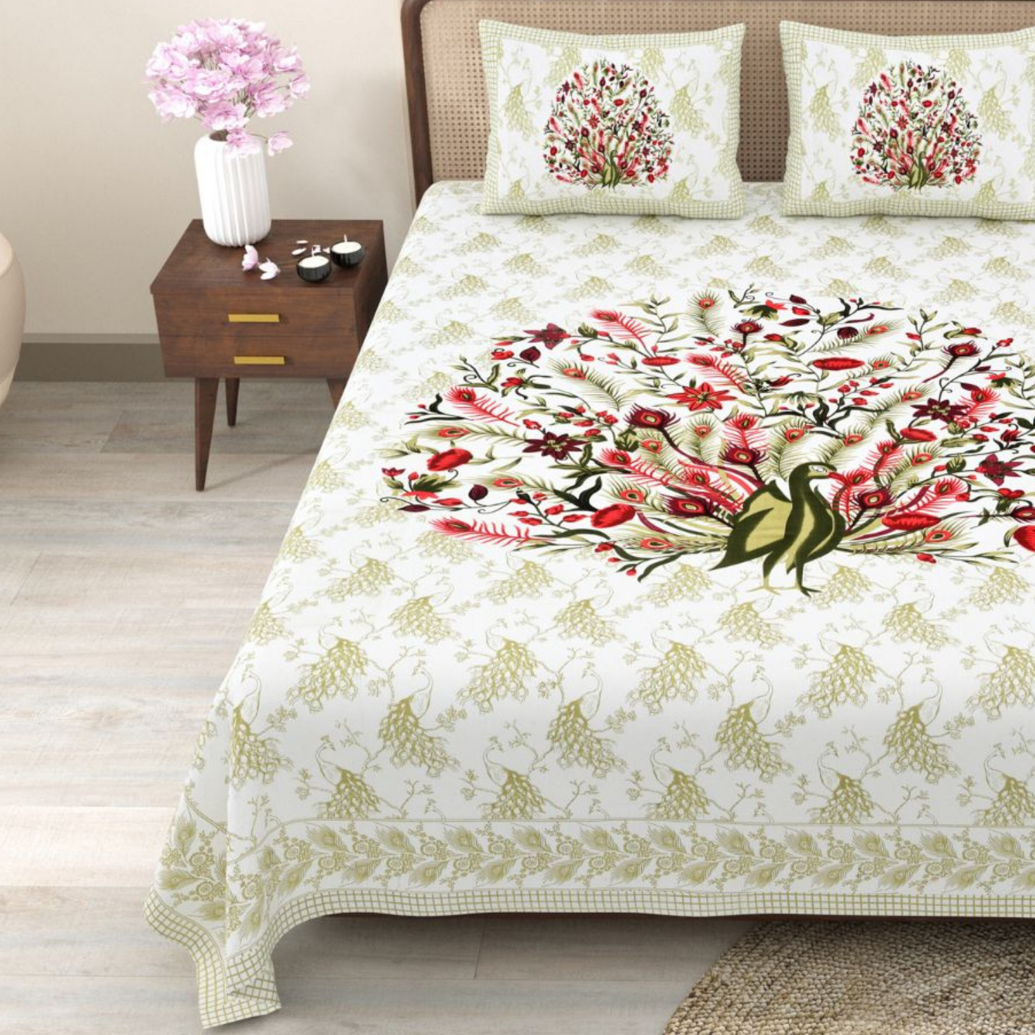 Pure Cotton King Size Peacock Jaipuri Prints Flat Bedsheet (Green, Red)