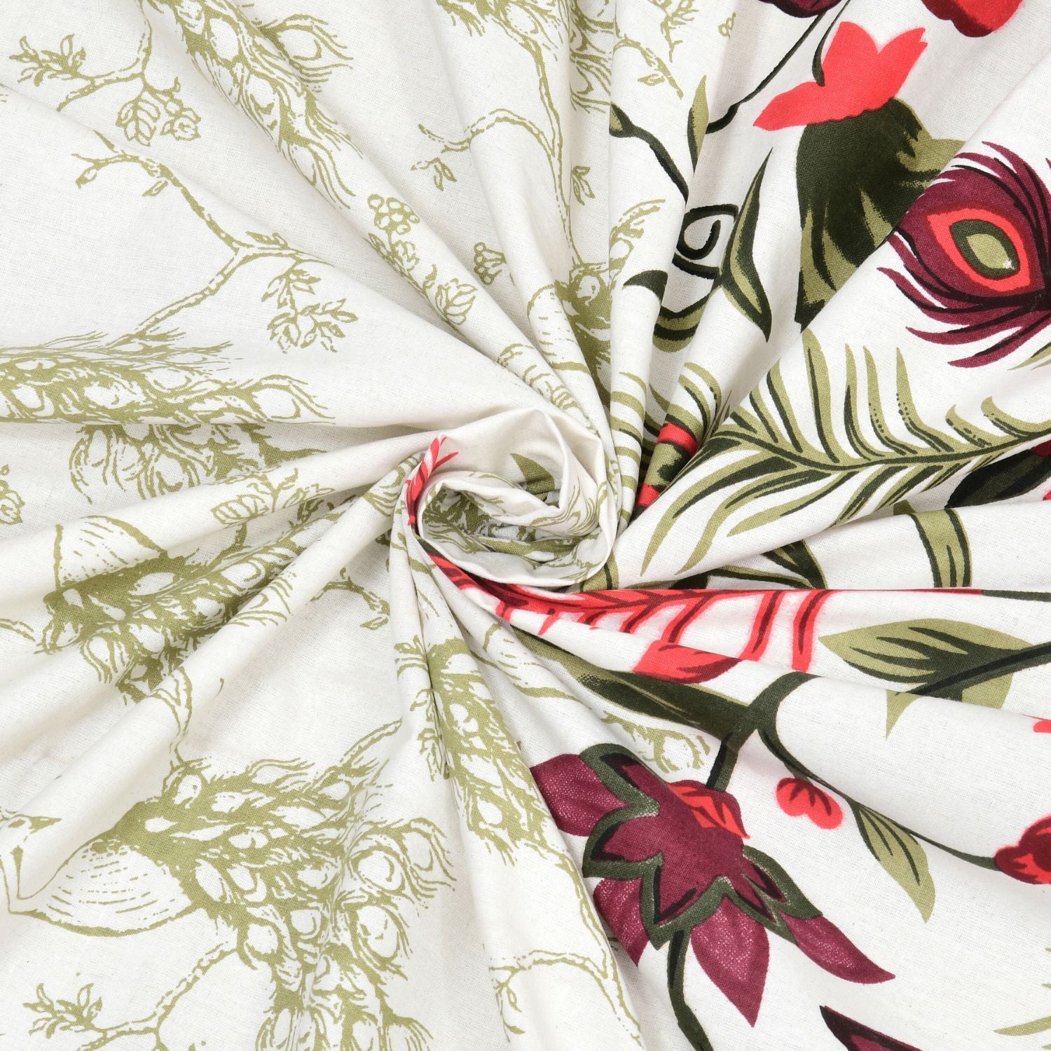 Pure Cotton King Size Peacock Jaipuri Prints Flat Bedsheet (Green, Red)