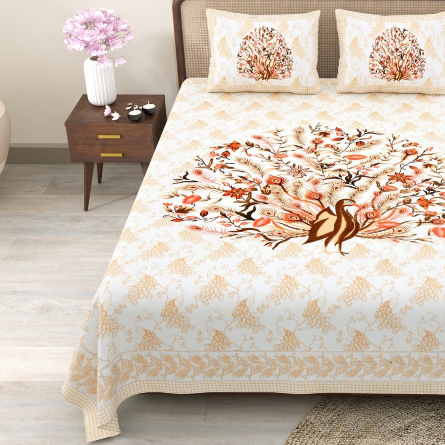 Pure Cotton King Size Peacock Jaipuri Prints Flat Bedsheet (Yellow, Pink)