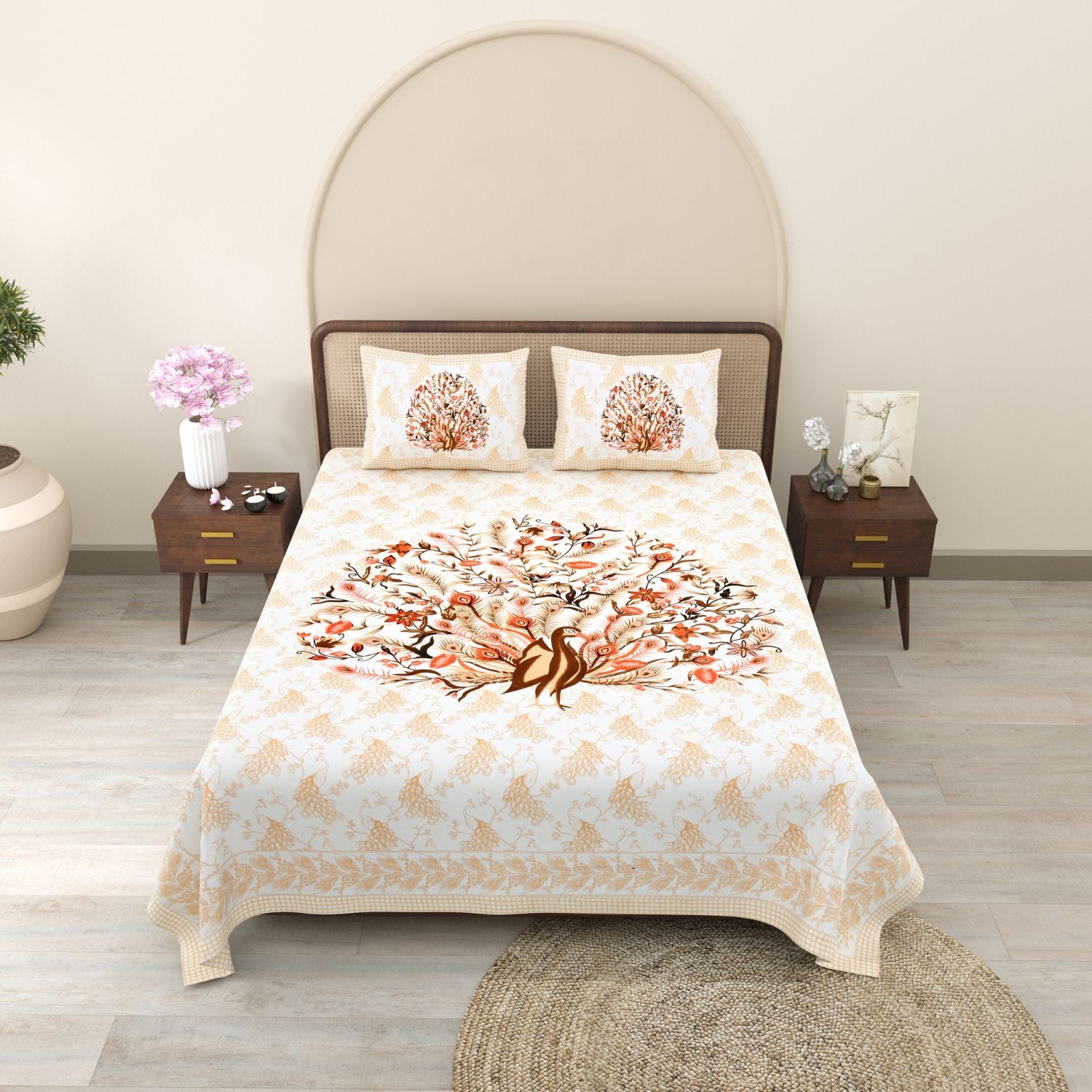 Pure Cotton King Size Peacock Jaipuri Prints Flat Bedsheet (Yellow, Pink)