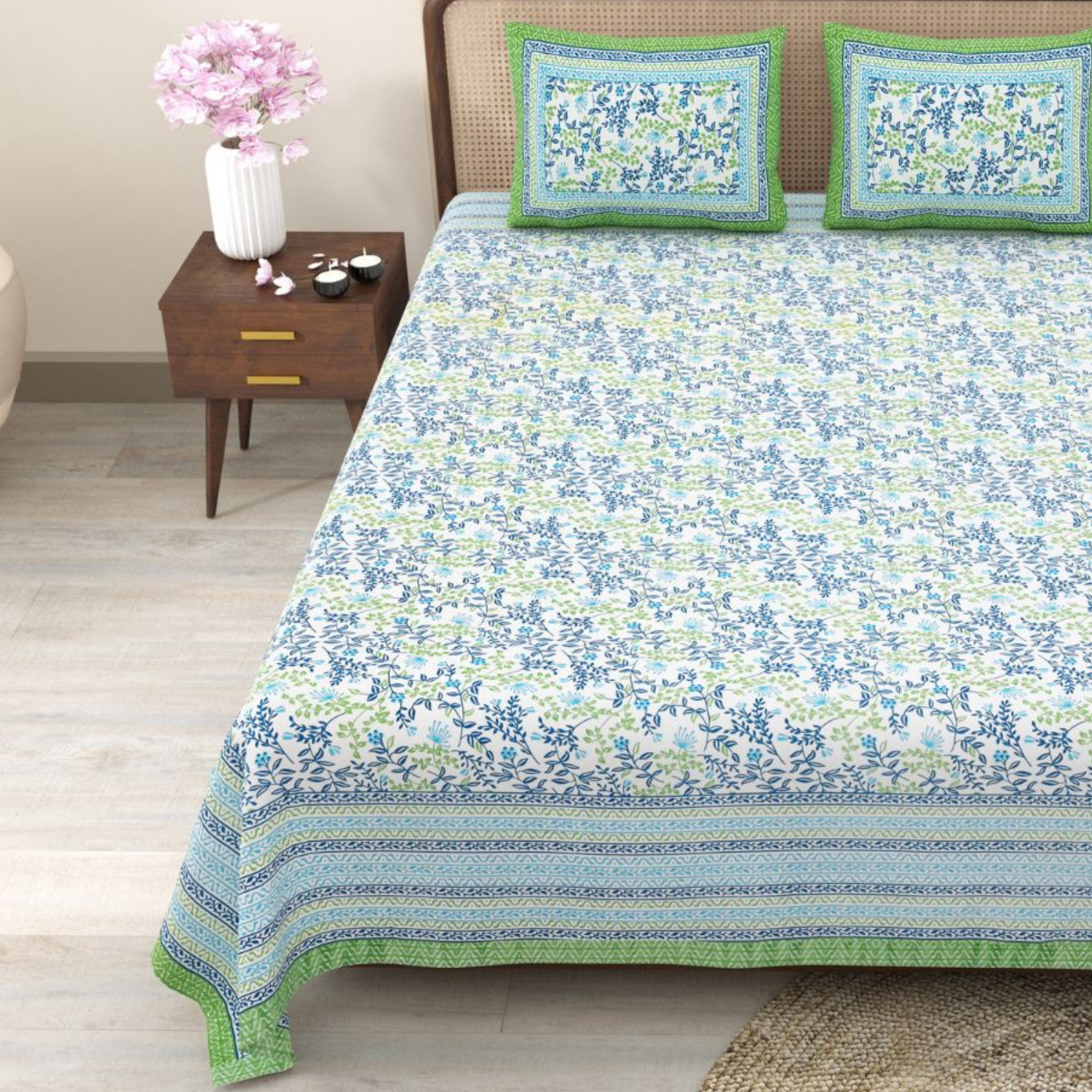 Pure Cotton King Size Floral Jaipuri Prints Flat Bedsheet (Green)