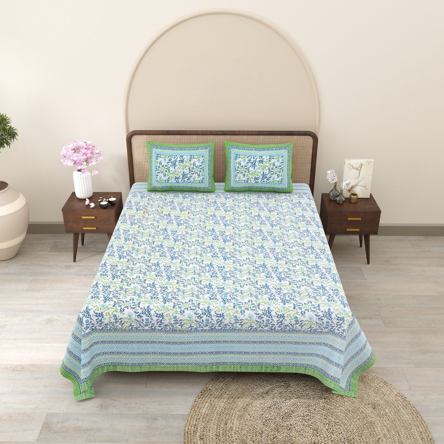 Pure Cotton King Size Floral Jaipuri Prints Flat Bedsheet (Green)